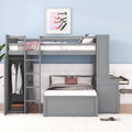 Full Size Loft Bed With A Twin Size Stand Alone Bed, Shelves,Desk,And Wardrobe Gray Gray Solid Wood