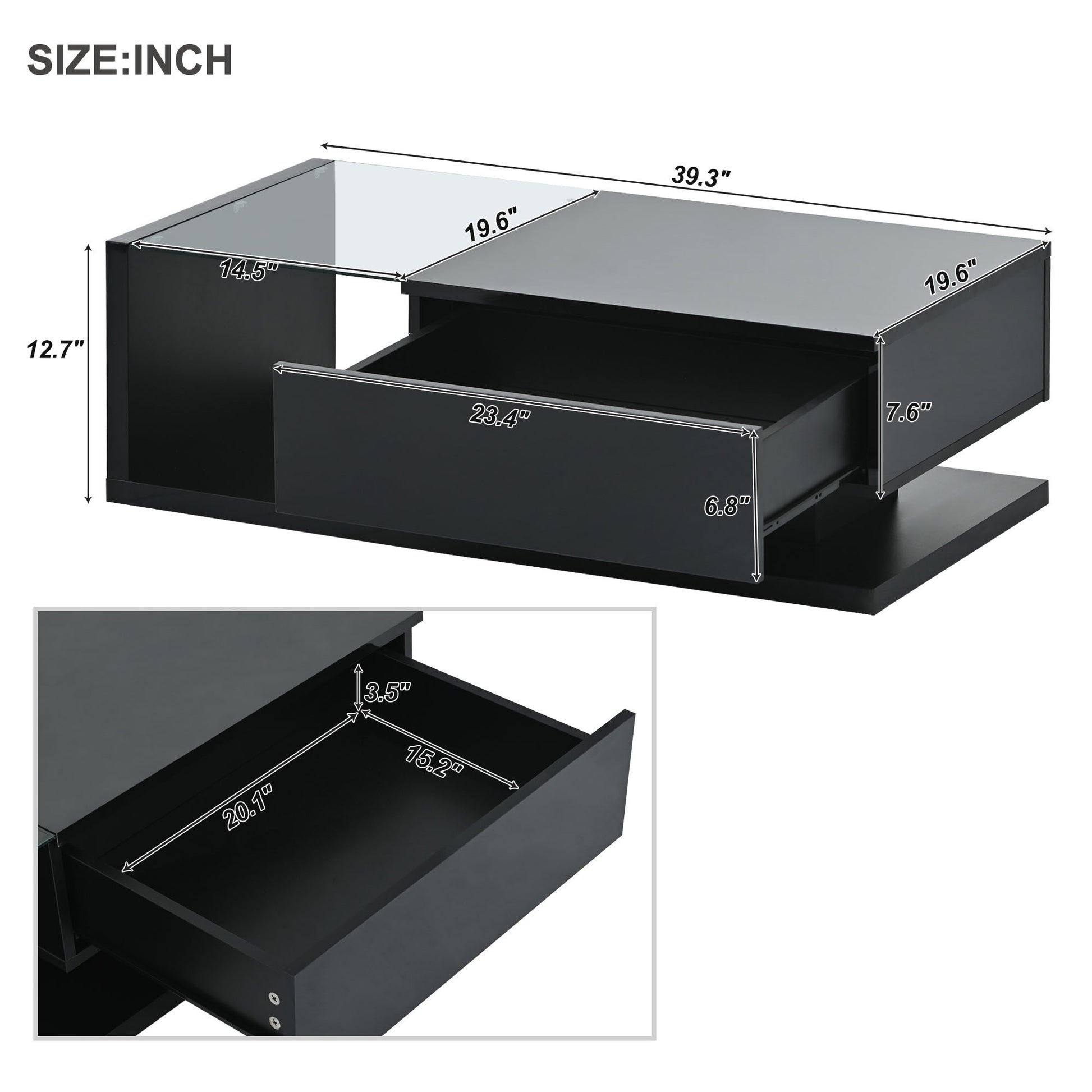 Modern Coffee Table With Tempered Glass, Wooden Cocktail Table With High Gloss Uv Surface, Modernist 2 Tier Rectangle Center Table For Living Room, Black Black Soft Close Drawers Primary Living Space Minimalist Freestanding Rectangular Drawers Coffee &