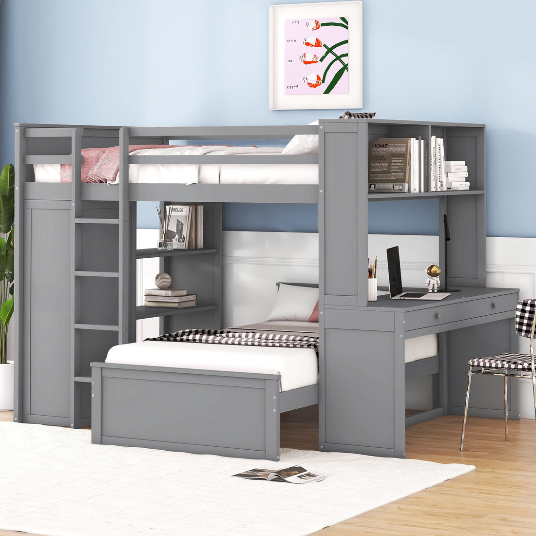Full Size Loft Bed With A Twin Size Stand Alone Bed, Shelves,Desk,And Wardrobe Gray Gray Solid Wood