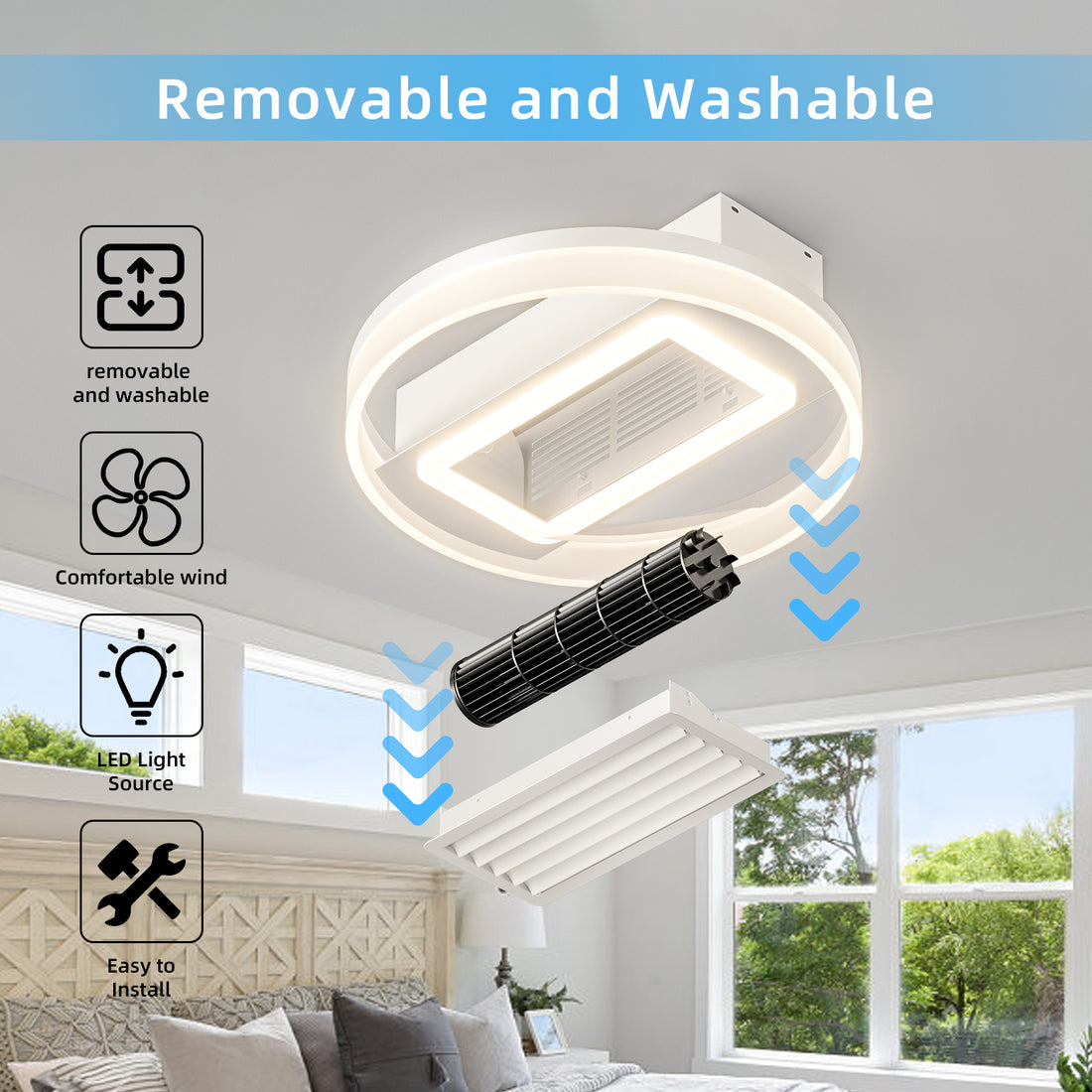 20Inch Modern Leafless Ceiling Fan With Remote Control Removable And Washable, Reversible Motor White Modern Iron