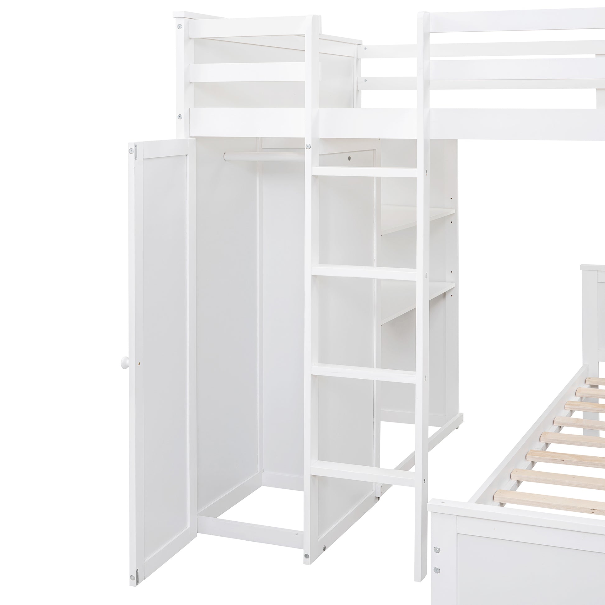 Full Size Loft Bed With A Twin Size Stand Alone Bed, Shelves,Desk,And Wardrobe White White Solid Wood