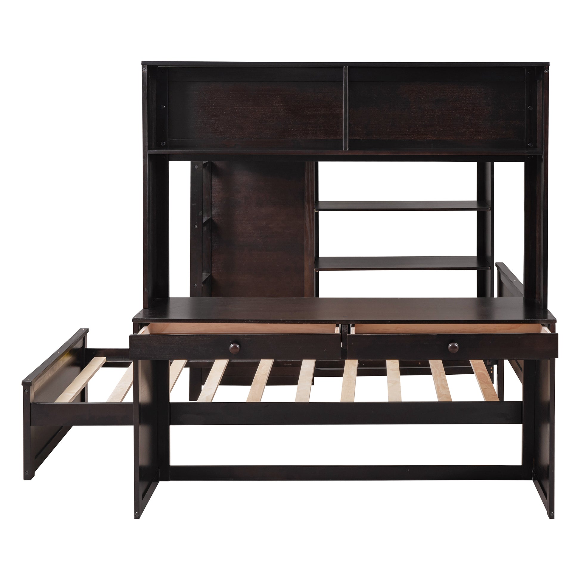 Full Size Loft Bed With A Twin Size Stand Alone Bed, Shelves,Desk,And Wardrobe Espresso Espresso Solid Wood