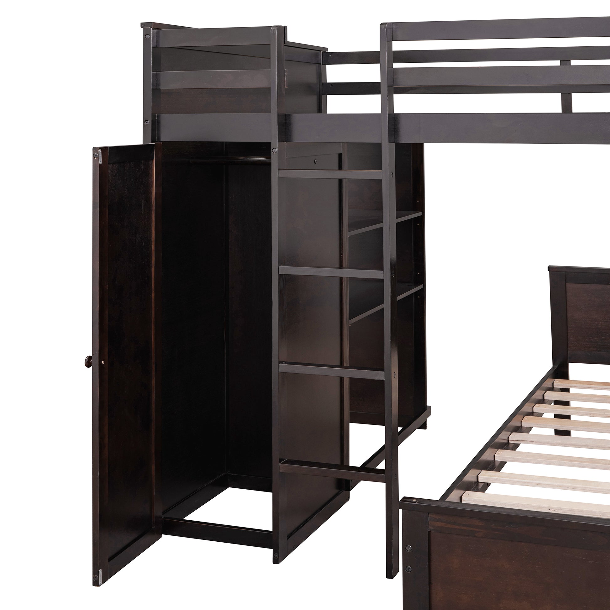 Full Size Loft Bed With A Twin Size Stand Alone Bed, Shelves,Desk,And Wardrobe Espresso Espresso Solid Wood