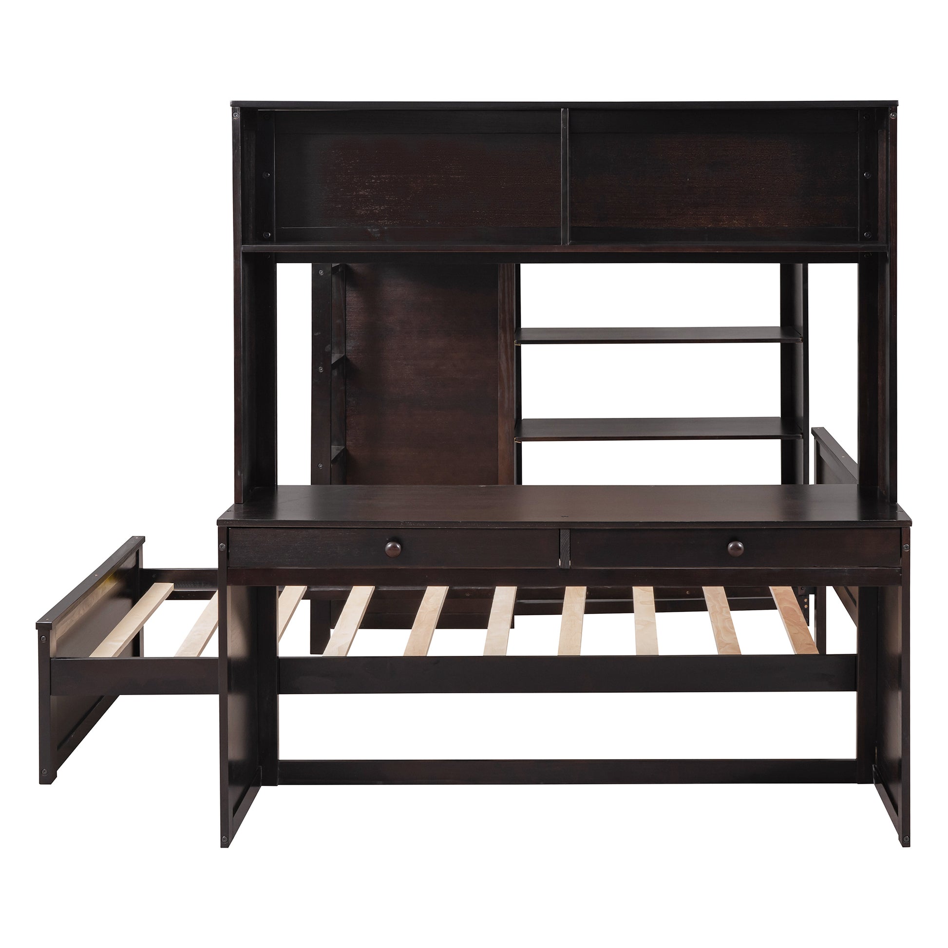 Full Size Loft Bed With A Twin Size Stand Alone Bed, Shelves,Desk,And Wardrobe Espresso Espresso Solid Wood