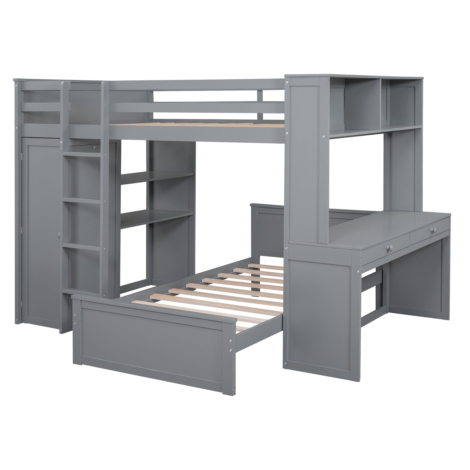 Full Size Loft Bed With A Twin Size Stand Alone Bed, Shelves,Desk,And Wardrobe Gray Gray Solid Wood