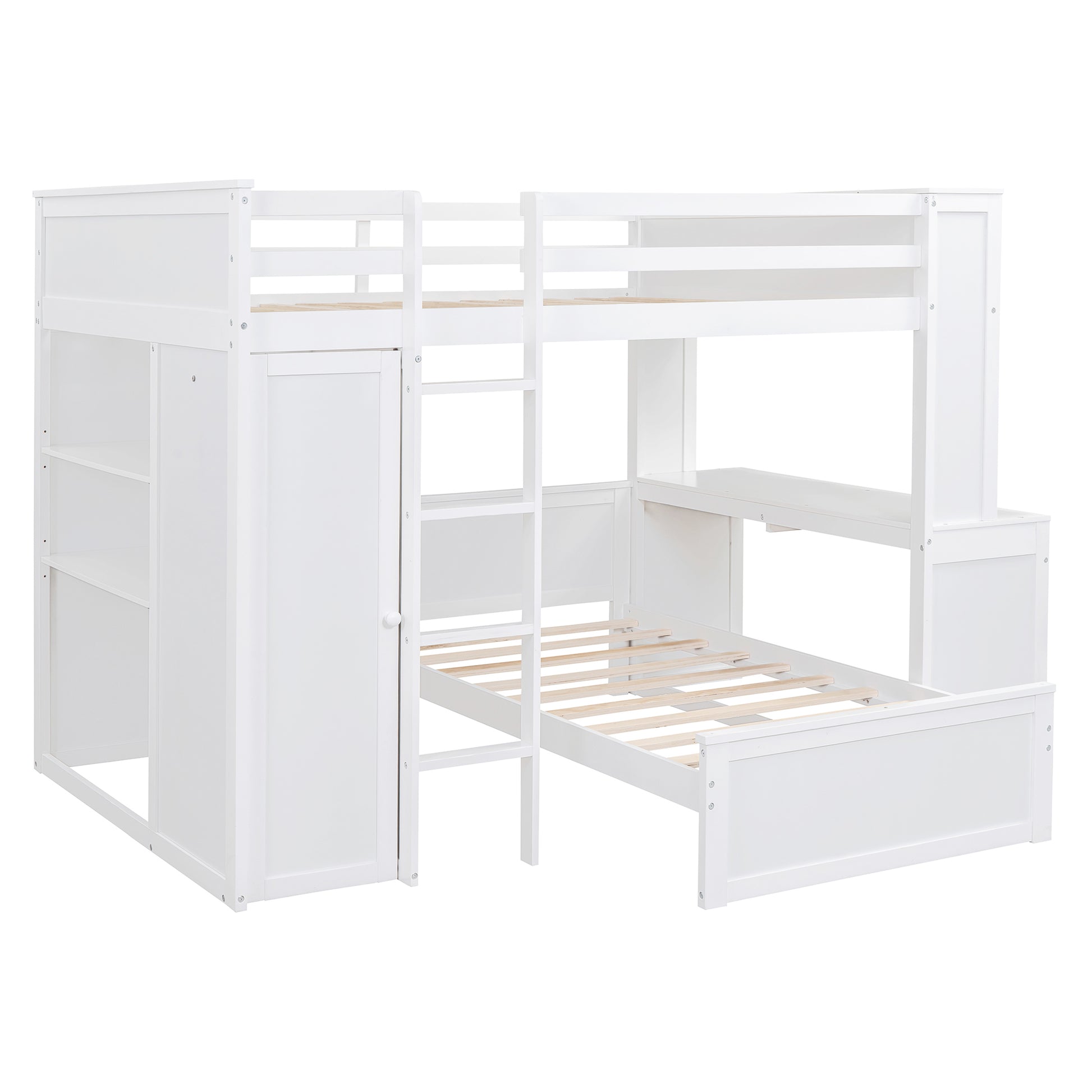 Full Size Loft Bed With A Twin Size Stand Alone Bed, Shelves,Desk,And Wardrobe White White Solid Wood