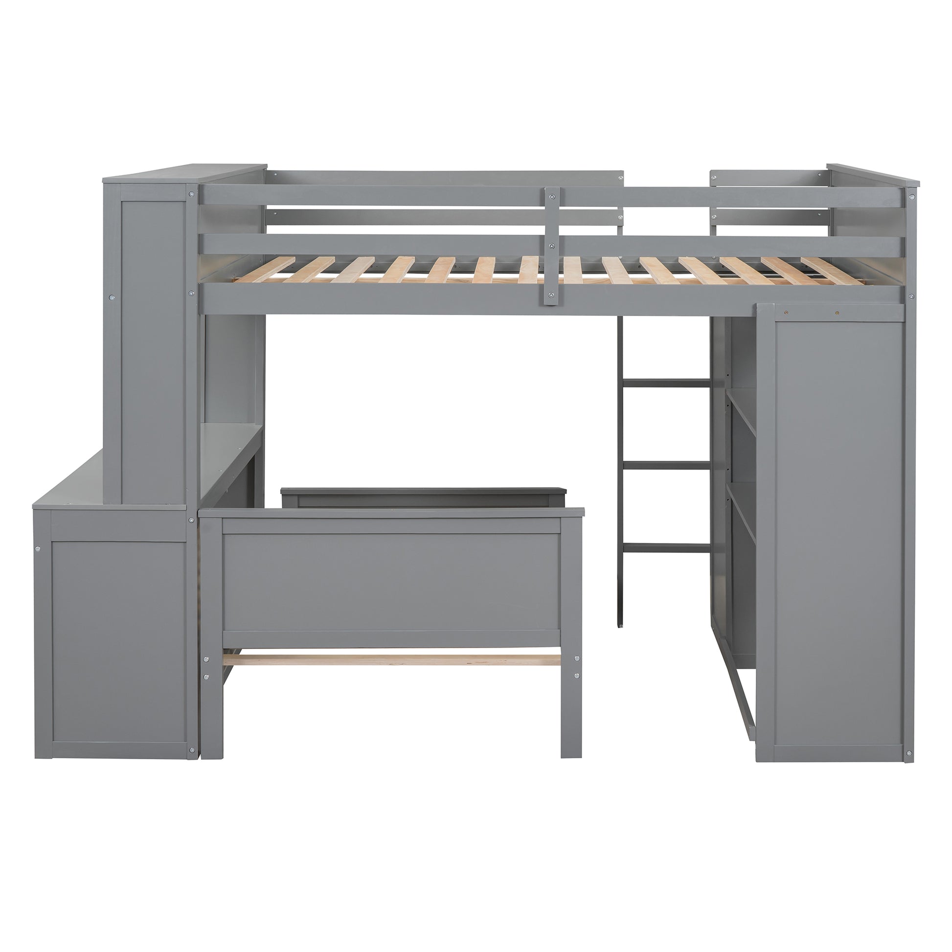 Full Size Loft Bed With A Twin Size Stand Alone Bed, Shelves,Desk,And Wardrobe Gray Gray Solid Wood