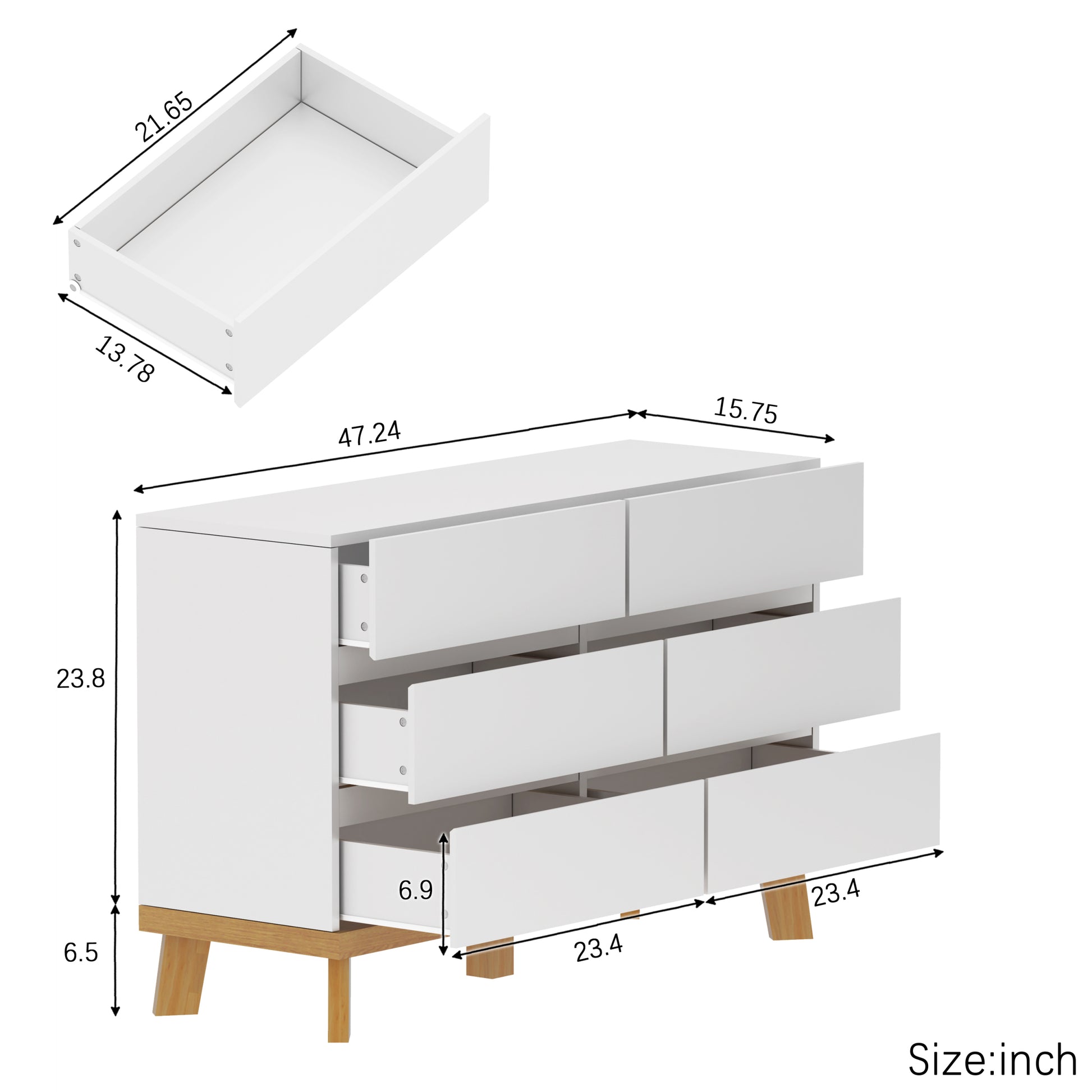 47.24"6 Drawers Mdf Storage Cabinet,For Bedroom,Living Room,Dining Room,Hallways,White White Mdf