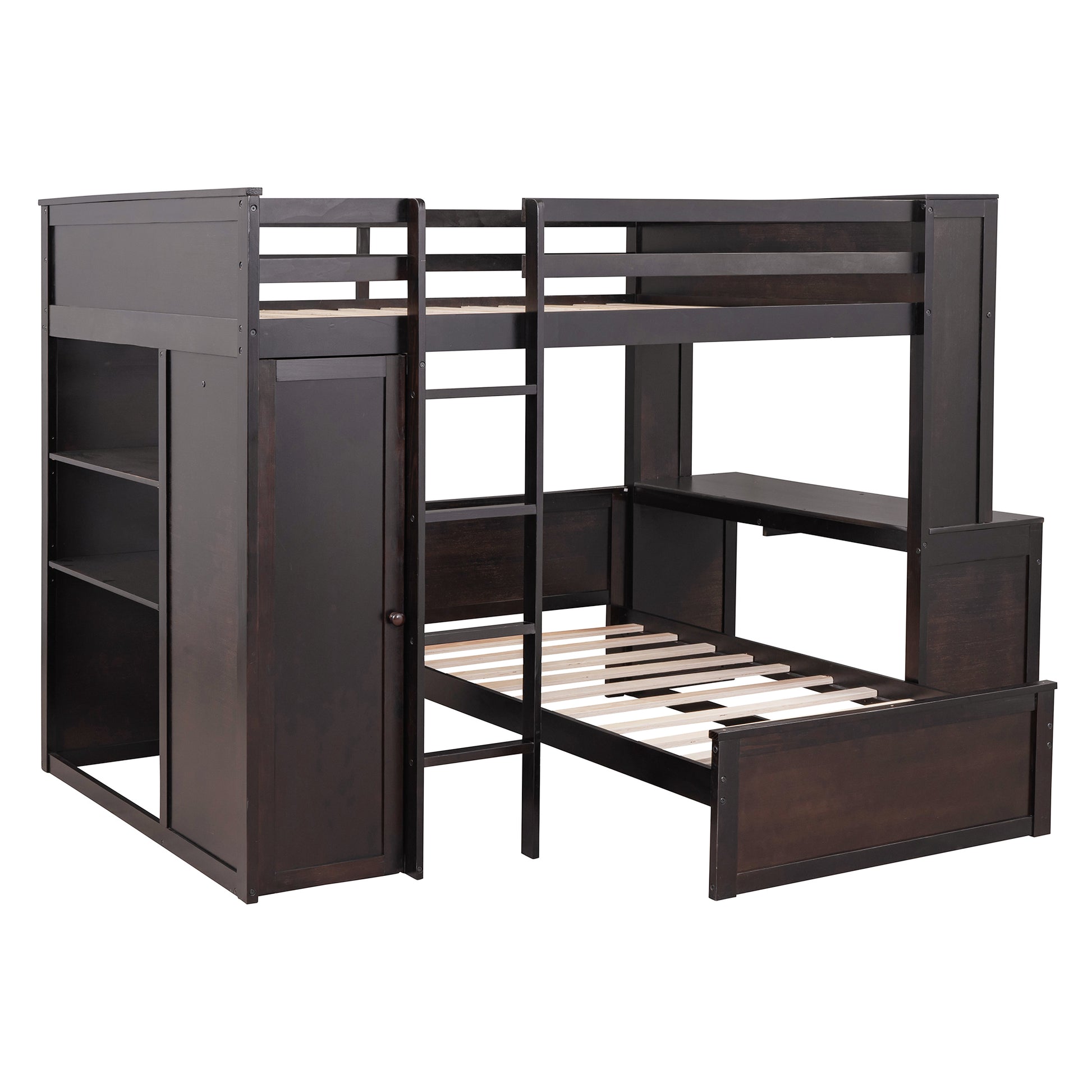 Full Size Loft Bed With A Twin Size Stand Alone Bed, Shelves,Desk,And Wardrobe Espresso Espresso Solid Wood