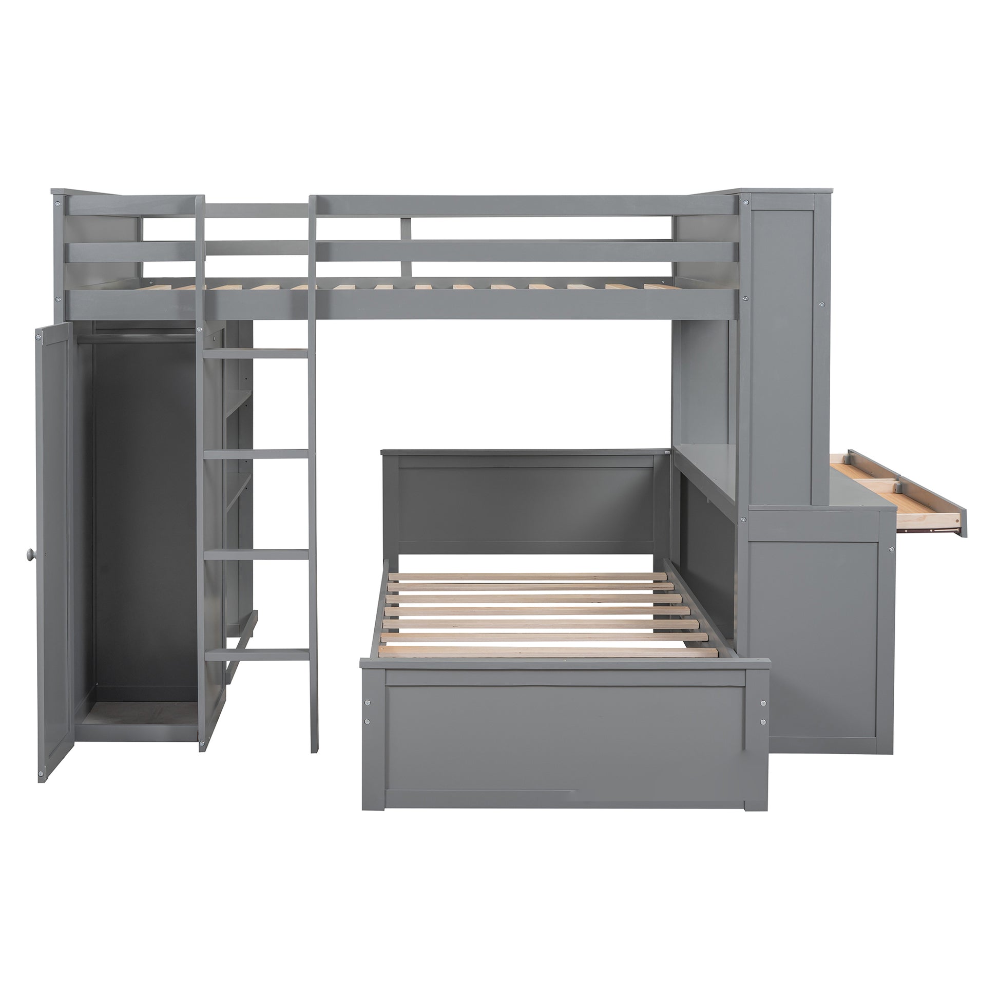 Full Size Loft Bed With A Twin Size Stand Alone Bed, Shelves,Desk,And Wardrobe Gray Gray Solid Wood