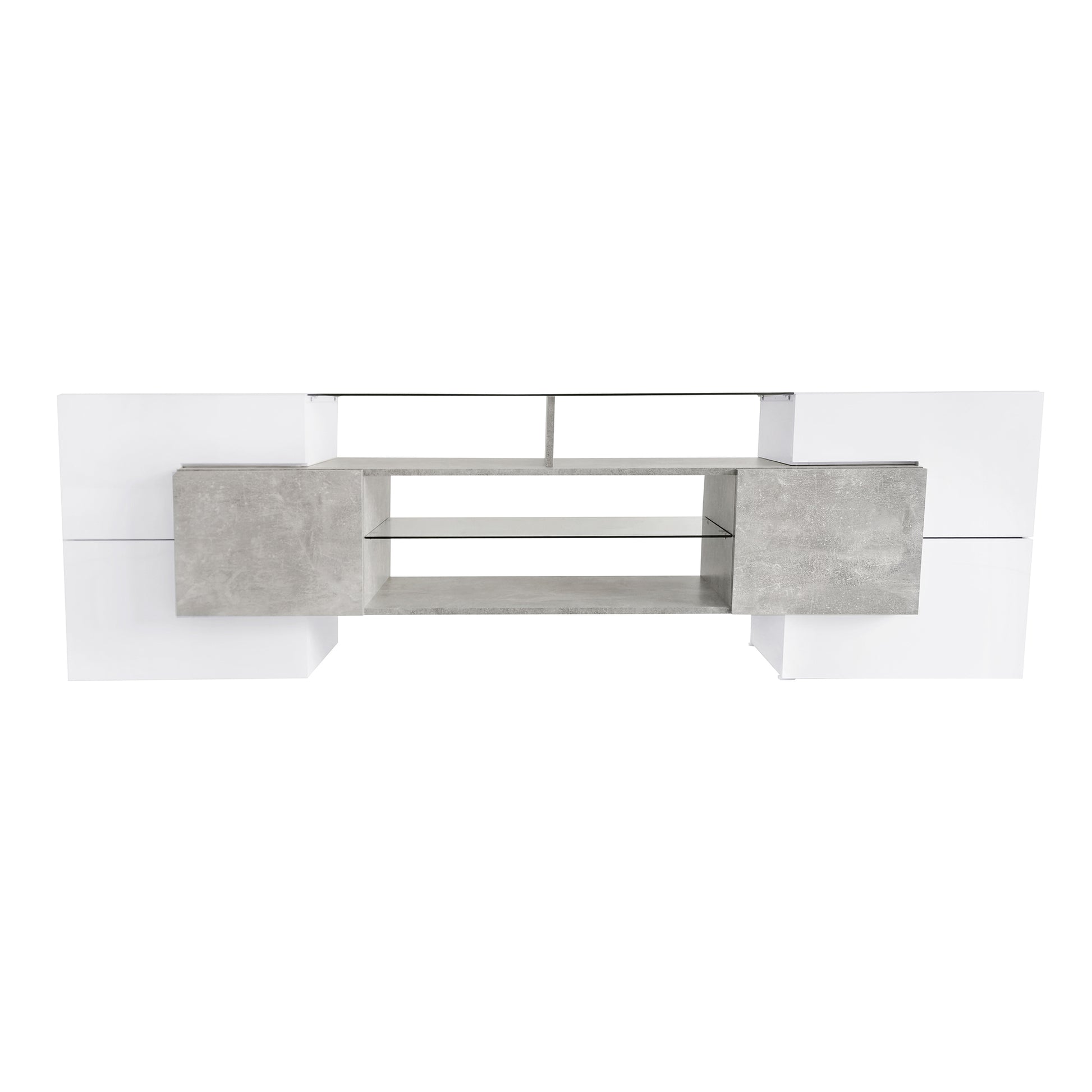 Unique Shape Tv Stand With 2 Illuminated Glass Shelves, High Gloss Entertainment Center For Tvs Up To 88", Versatile Tv Cabinet With Led Color Changing Lights For Living Room, Grey Grey Particle