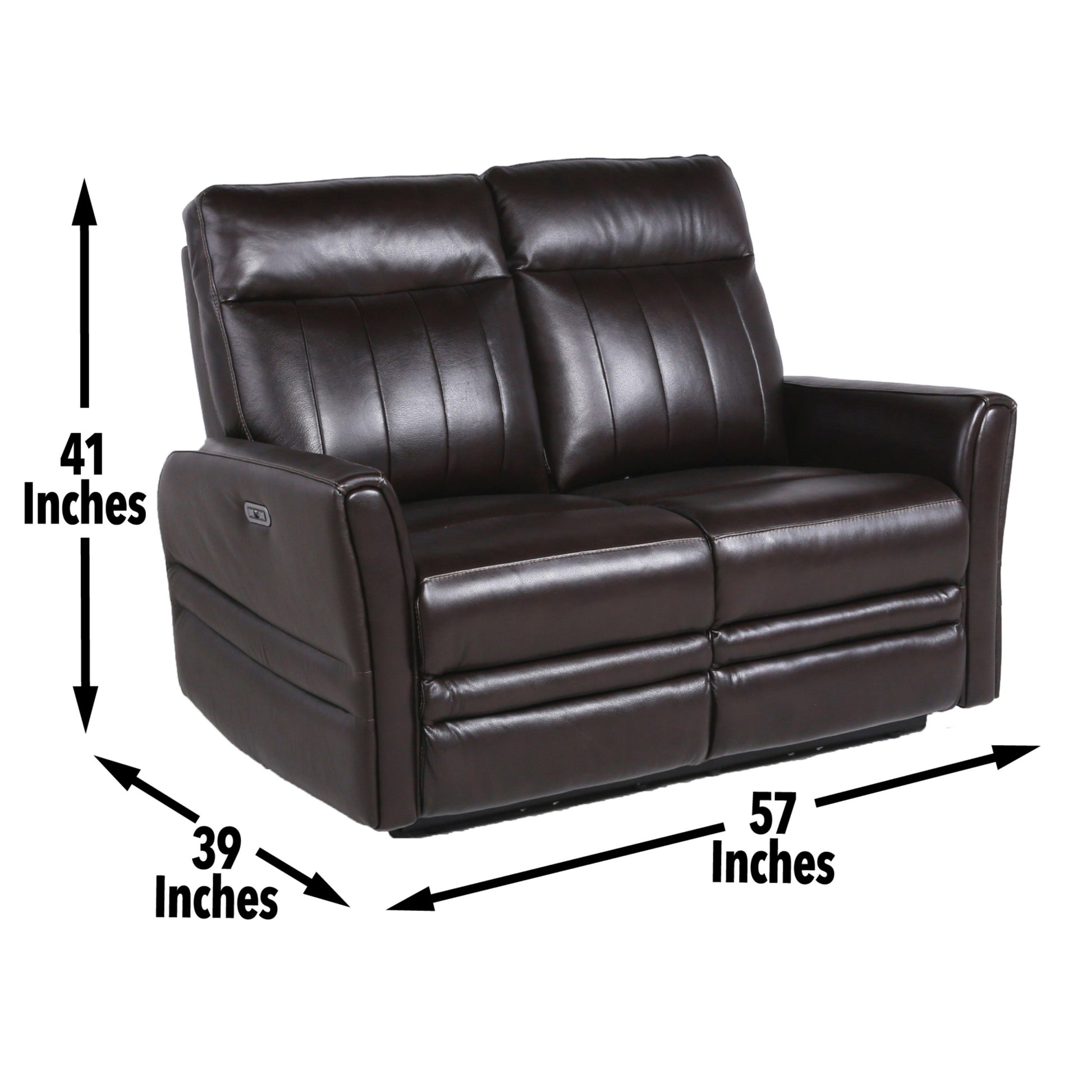 Sophisticated Motion Loveseat Top Grain Leather, Power Leg Rest, Power Articulating Headrest Vertical Channel Back, Beveled Leg Rest Brown Foam Leather