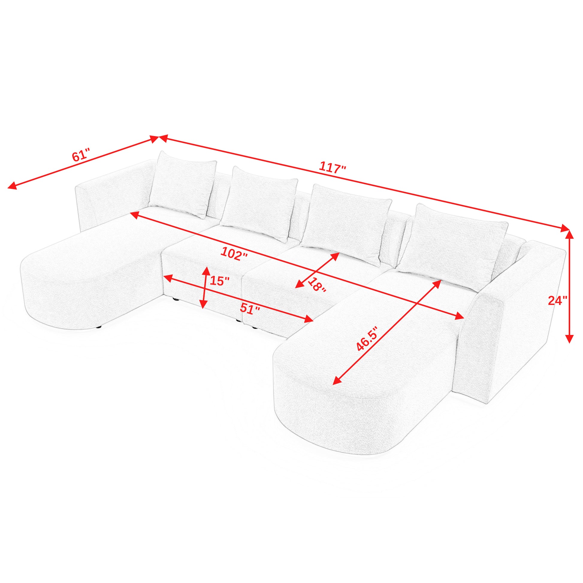 U Shape Sectional Sofa Including Two Single Seats And Two Chaises, Modular Sofa, Diy Combination, Loop Yarn Fabric, Beige Ivory Wood Medium Soft Tight Back Eucalyptus Square Arms Polyester 5 Seat