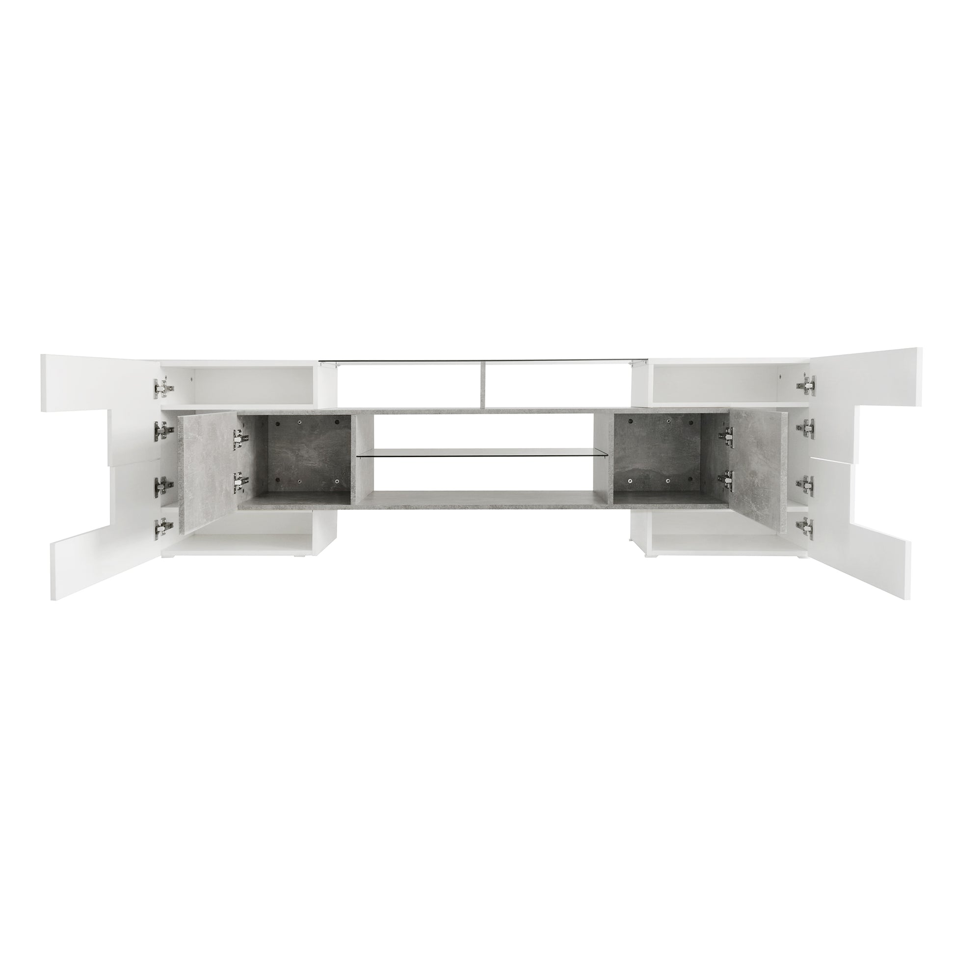 Unique Shape Tv Stand With 2 Illuminated Glass Shelves, High Gloss Entertainment Center For Tvs Up To 88", Versatile Tv Cabinet With Led Color Changing Lights For Living Room, Grey Grey Particle