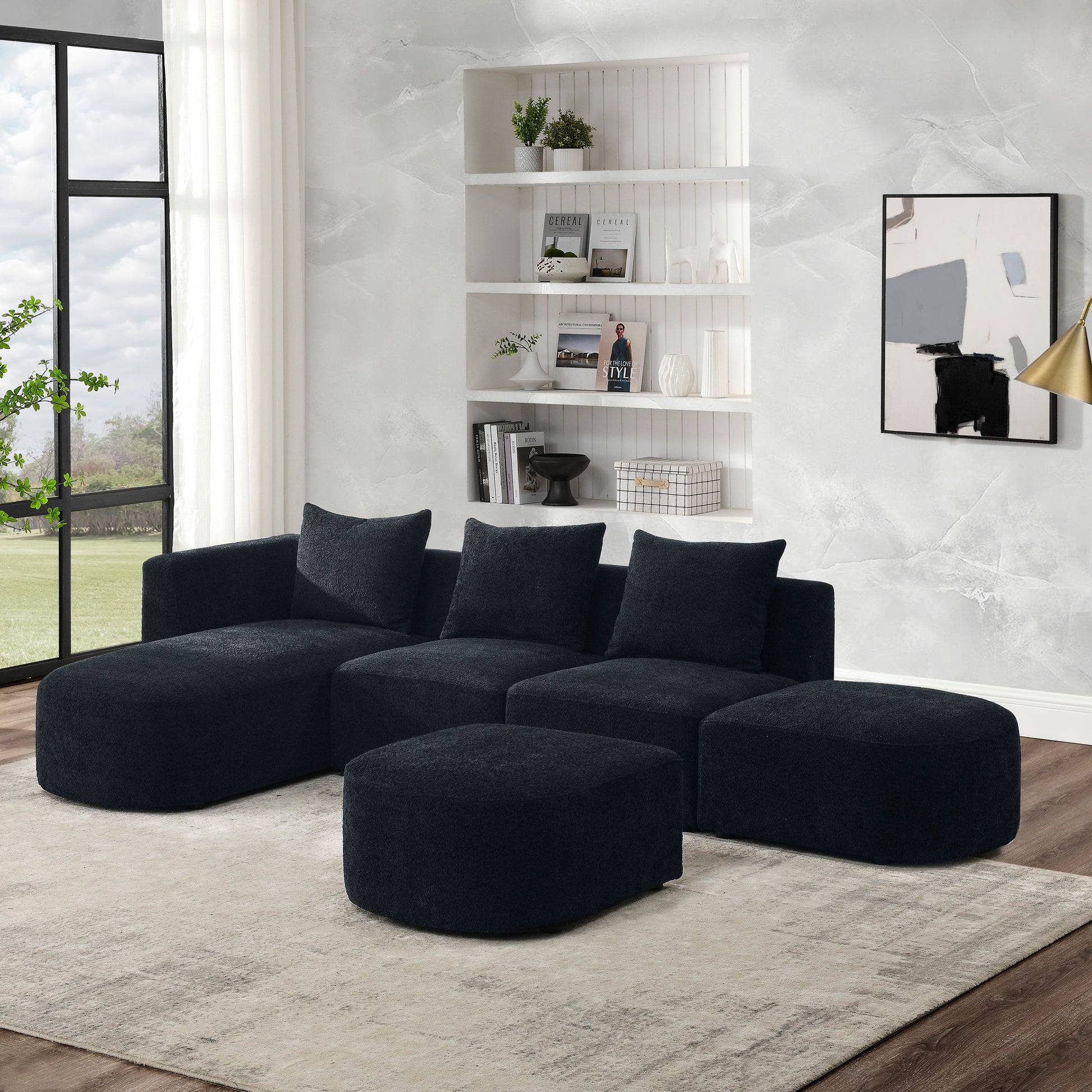 L Shape Sectional Sofa Including Two Single Seats, Left Side Chaise And Two Ottomans, Modular Sofa, Diy Combination, Loop Yarn Fabric, Black Black Polyester Wood Medium Soft Tight Back Eucalyptus Square Arms Polyester 5 Seat