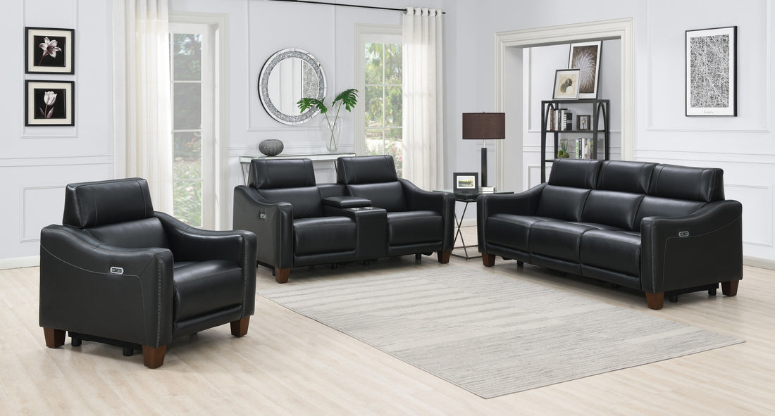 Transitional Dual Power Leather Loveseat Reclining Seats, Top Grain Leather, High Leg Design Compact And Comfortable Black Foam Leather