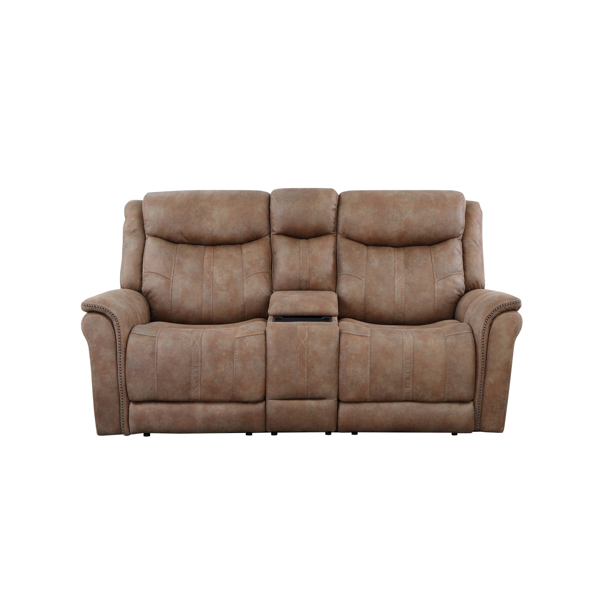 Transitional Console Loveseat Warm Camel Faux Suede, Power Footrest, Power Headrest Concealed Cupholders, Built In Console Camel Foam Fabric