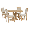 5 Piece Dining Set Extendable Round Table And 4 Upholstered Chairs Farmhouse Dining Set For Kitchen, Dining Room Natural Wood Wash Natural Wood Wash Solid Wood Mdf