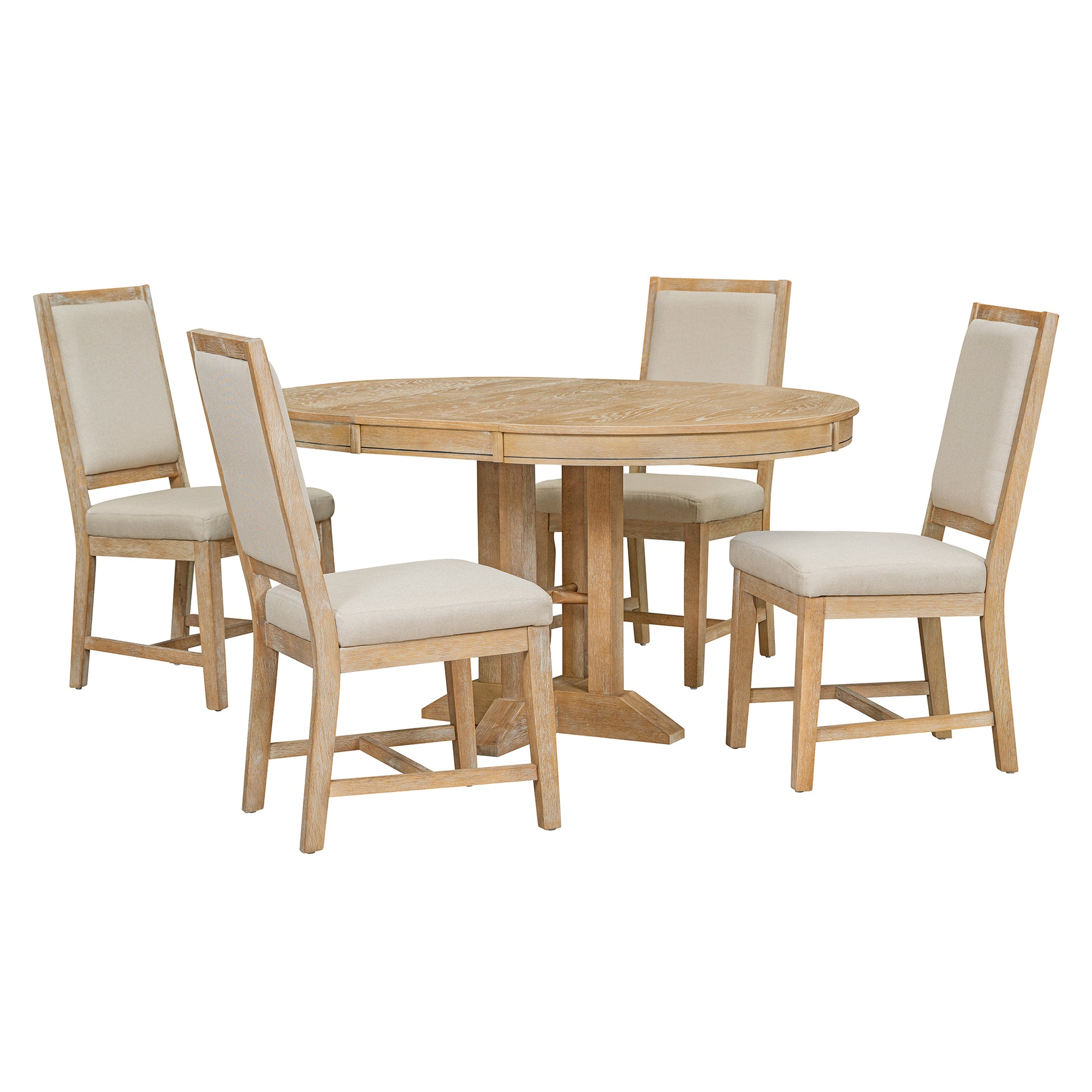 5 Piece Dining Set Extendable Round Table And 4 Upholstered Chairs Farmhouse Dining Set For Kitchen, Dining Room Natural Wood Wash Natural Wood Wash Solid Wood Mdf