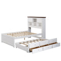 Solid Pine Captain Bookcase Bed With Trundle Bed And 3 Spacious Under Bed Drawers In Casual,Full, White Walnut White Walnut Wood