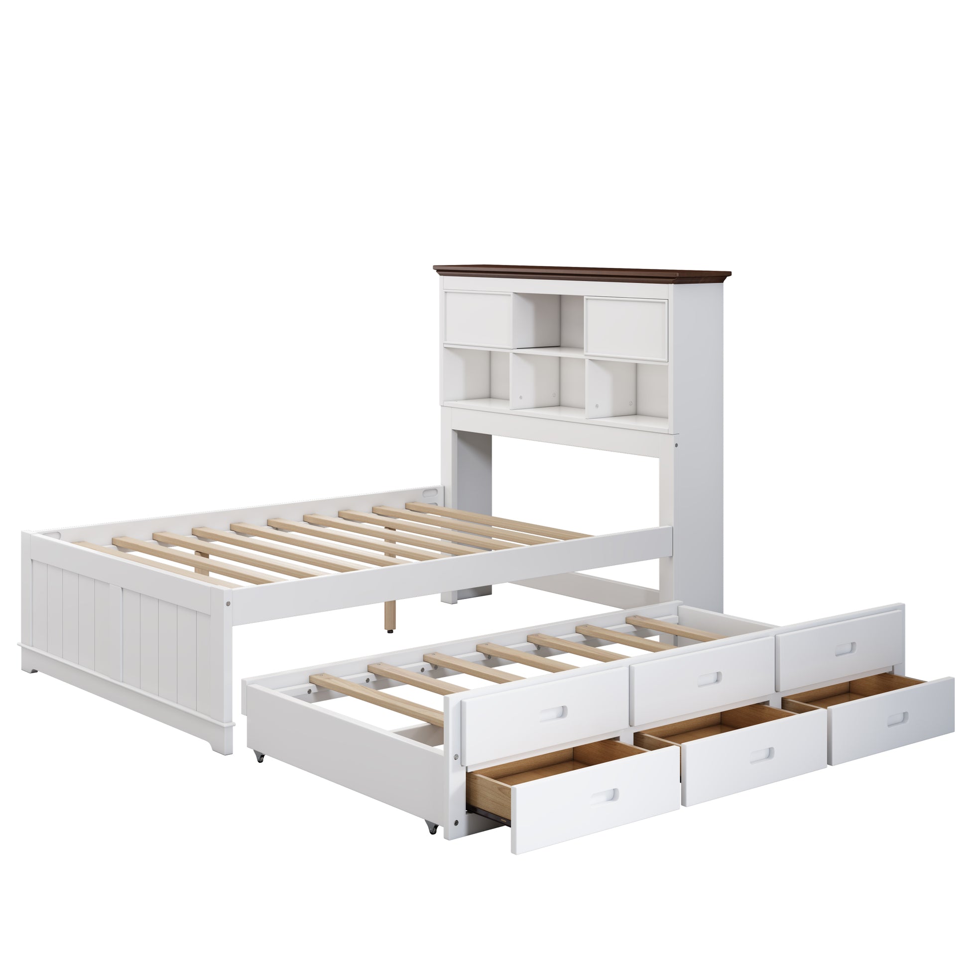 2 Pieces Wooden Captain Bedroom Set Full Bed With Trundle And Nightstand,White Walnut White Walnut Wood