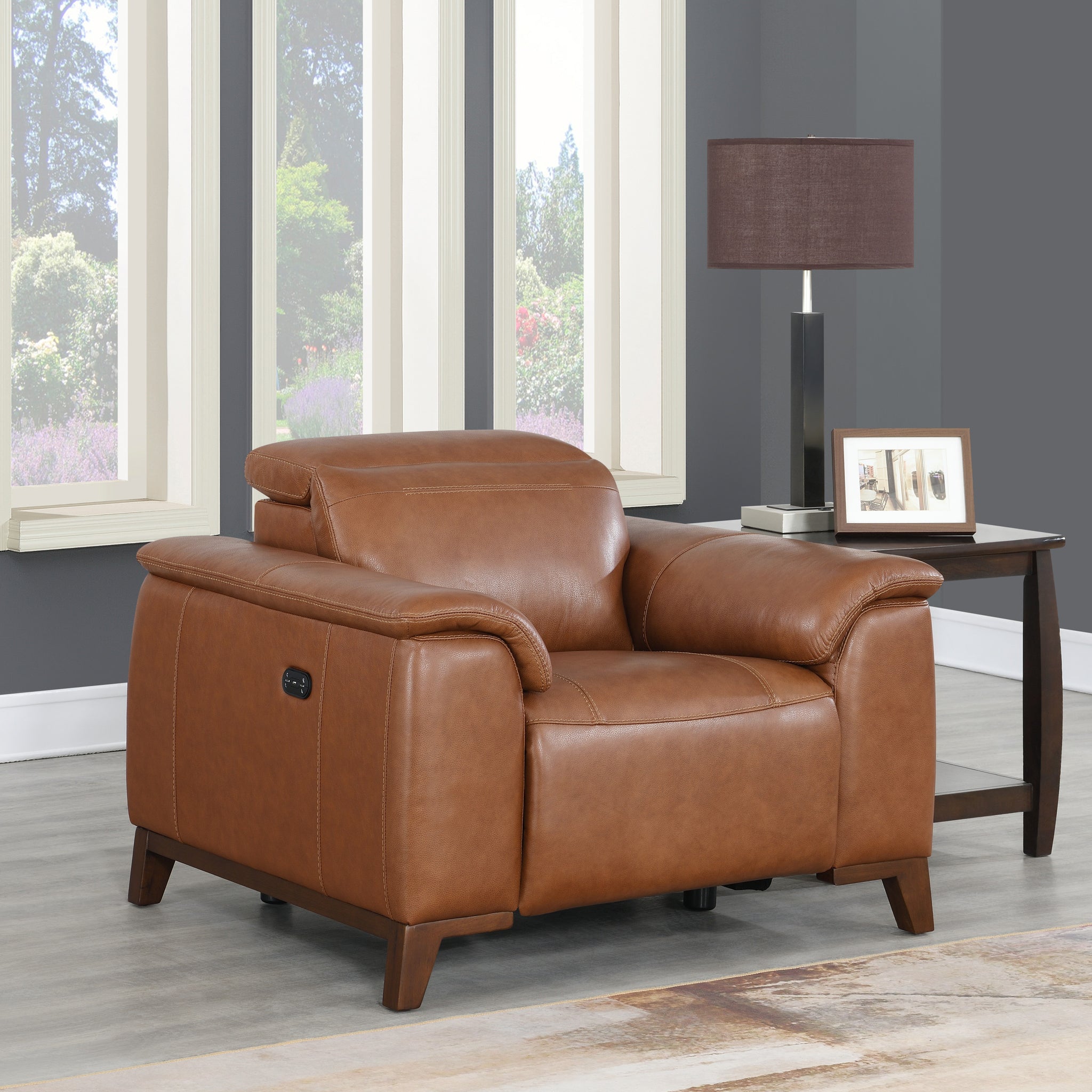 Beefy Dual Power Leather Recliner High Leg Look, Articulating Headrest, Power Footrest Coach Colored, Luxurious Comfort Brown Foam Leather