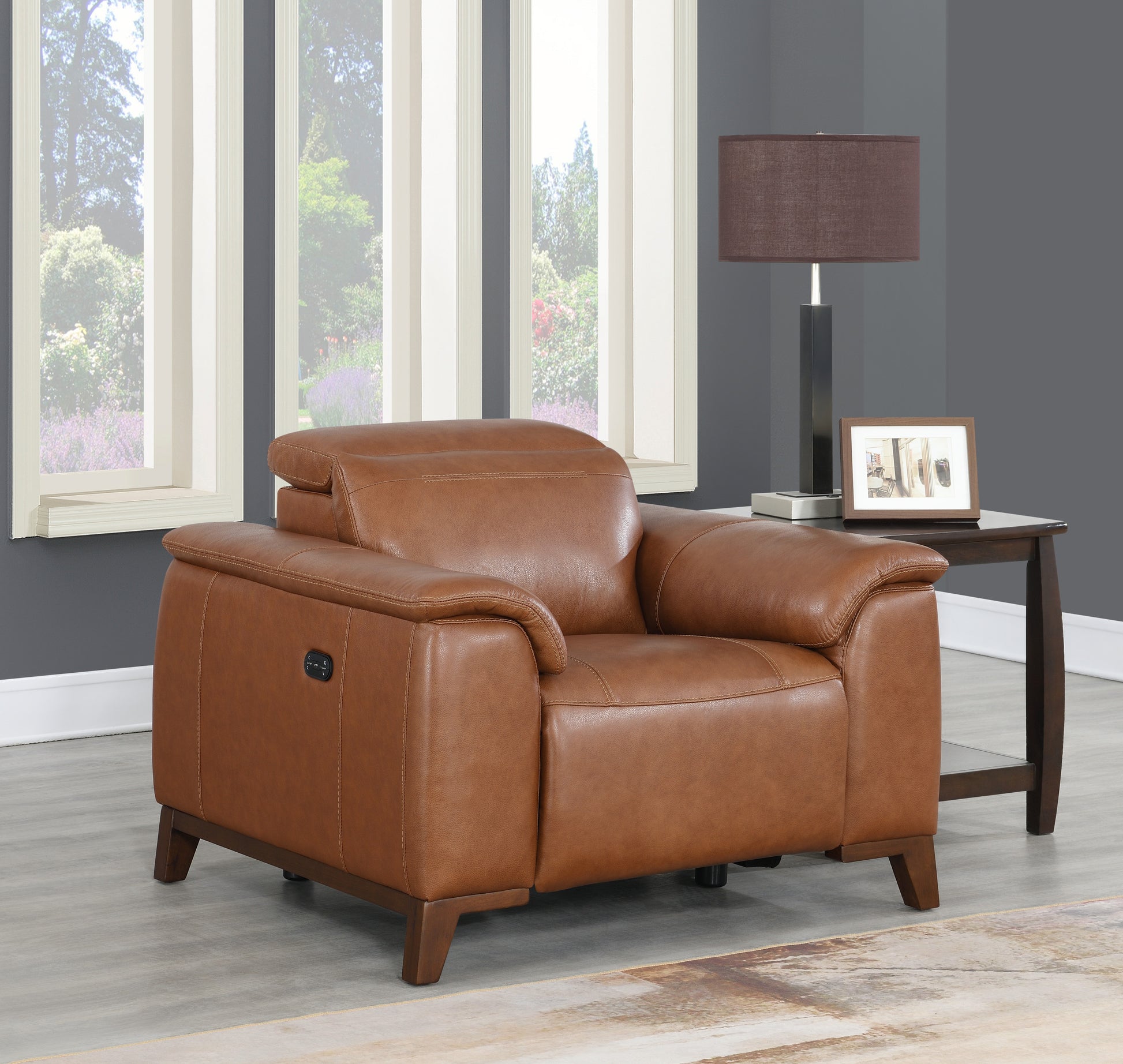 Beefy Dual Power Leather Recliner High Leg Look, Articulating Headrest, Power Footrest Coach Colored, Luxurious Comfort Brown Foam Leather