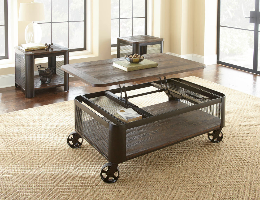 Rustic Wire Brushed End Table Urban Suburban Style Wire Mesh, Industrial Wheels, Rustic Wood Effect Brown Solid Wood Mdf