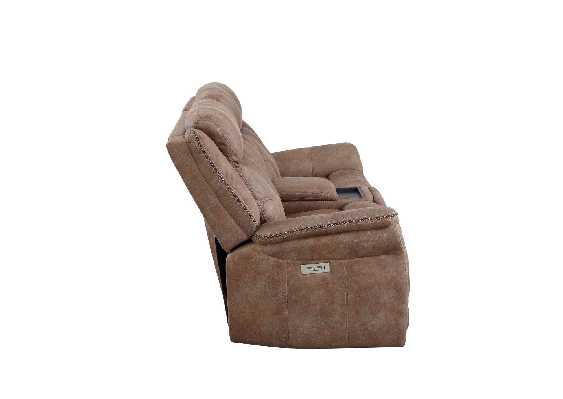 Transitional Console Loveseat Warm Camel Faux Suede, Power Footrest, Power Headrest Concealed Cupholders, Built In Console Camel Foam Fabric