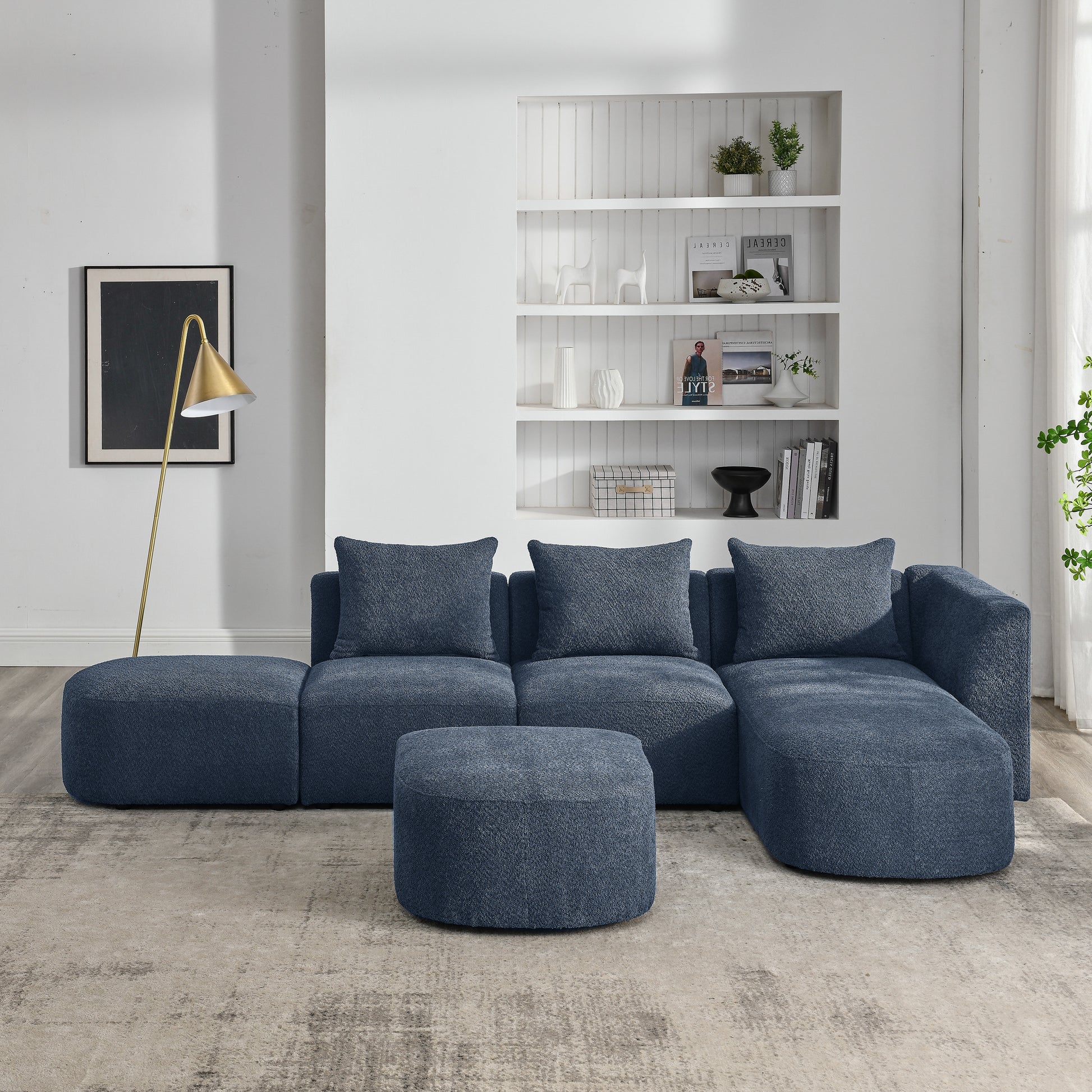 L Shape Sectional Sofa With Right Side Chaise And Ottoman, Modular Sofa, Diy Combination, Loop Yarn Fabric, Navy Navy Polyester Wood Tight Back Eucalyptus Square Arms Polyester 5 Seat