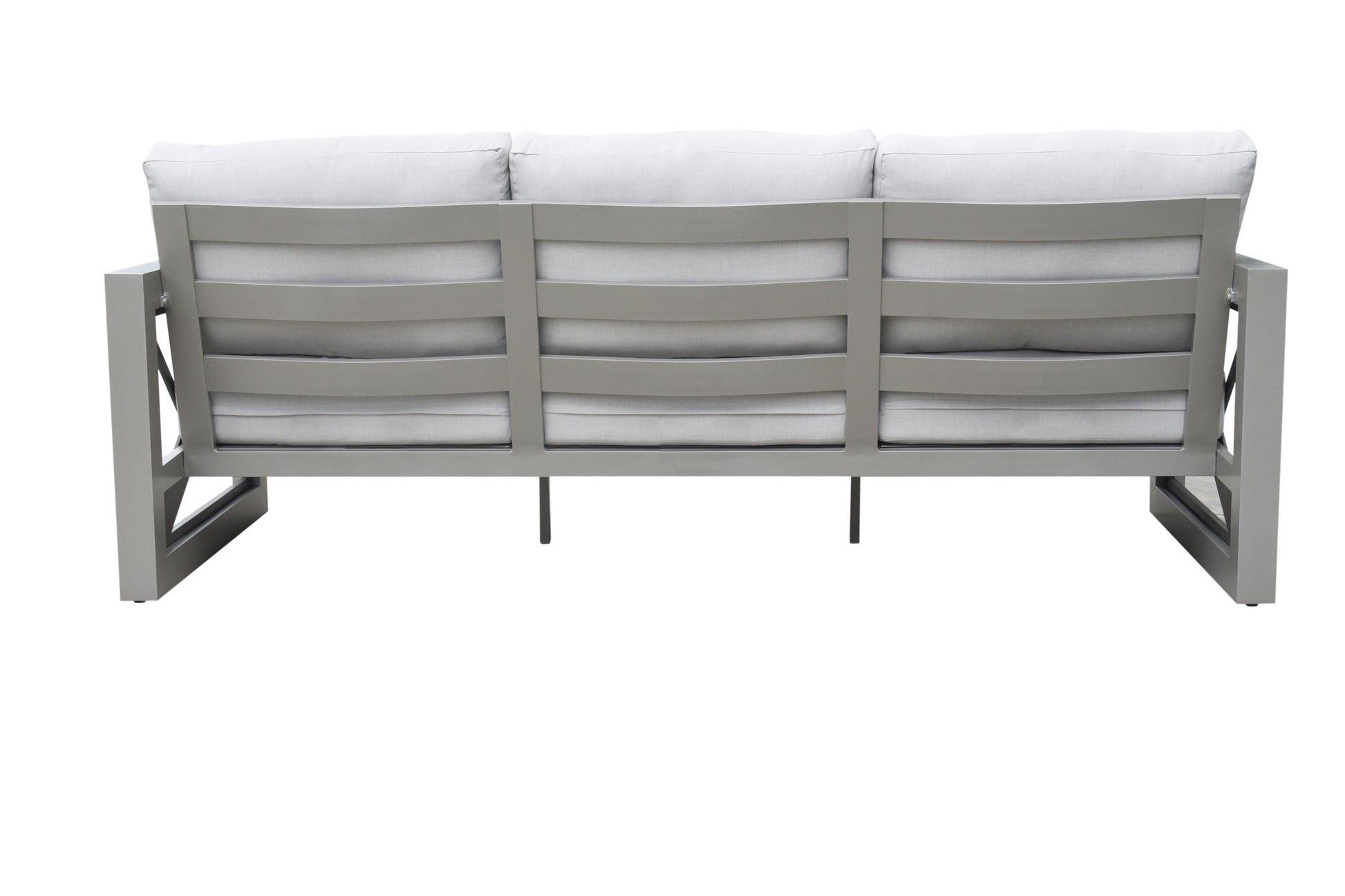 Outdoor Showcase: Contemporary Patio Sofa Beveled End Panels, Geometric Pattern Rust Resistant Aluminum Frames, Solution Dyed Acrylics Grey Aluminium