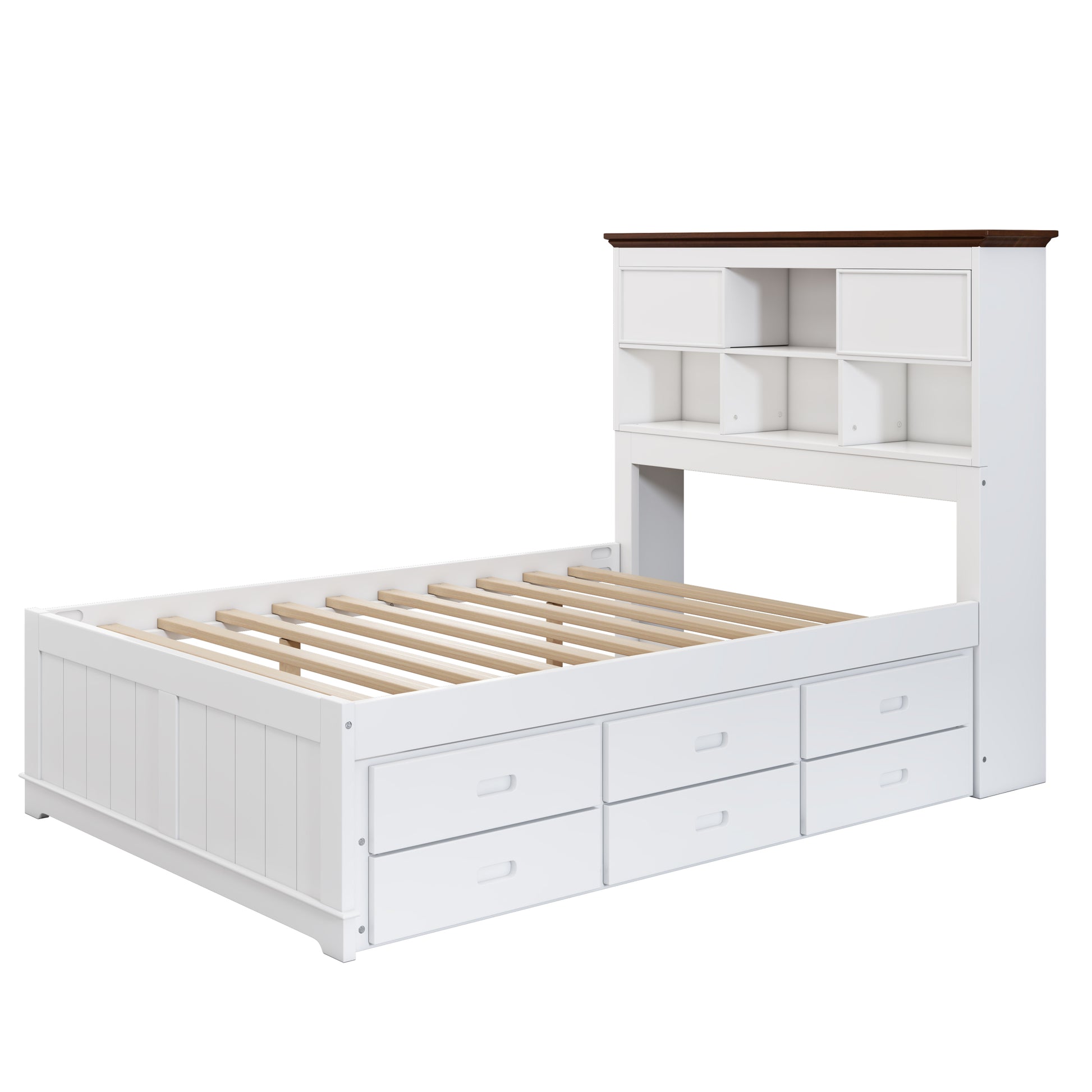 Solid Pine Captain Bookcase Bed With Trundle Bed And 3 Spacious Under Bed Drawers In Casual,Full, White Walnut White Walnut Wood