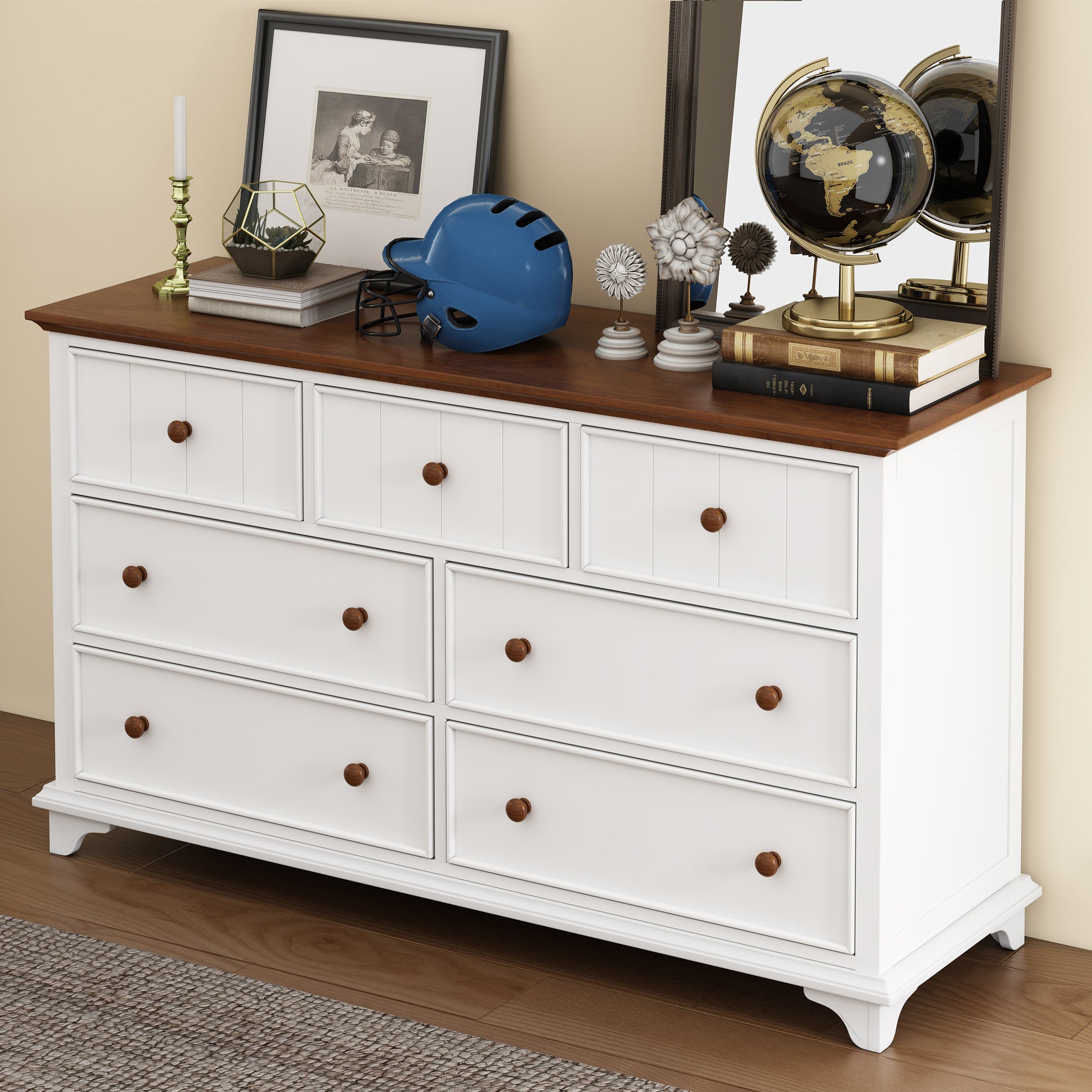 Wooden Captain Seven Drawer Dresser For Bedroom, Living Room, Kids' Room, White Walnut White Walnut Wood