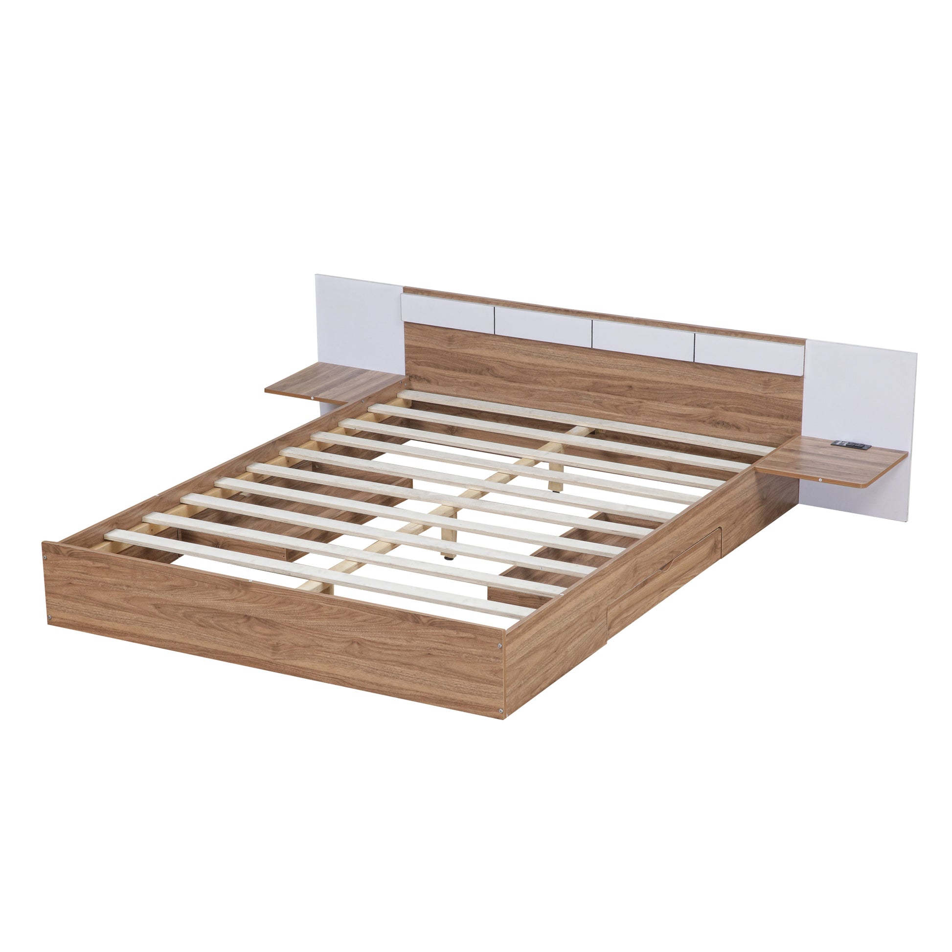 Queen Size Platform Bed With Headboard, Drawers, Shelves, Usb Ports And Sockets, Natural Natural Wood