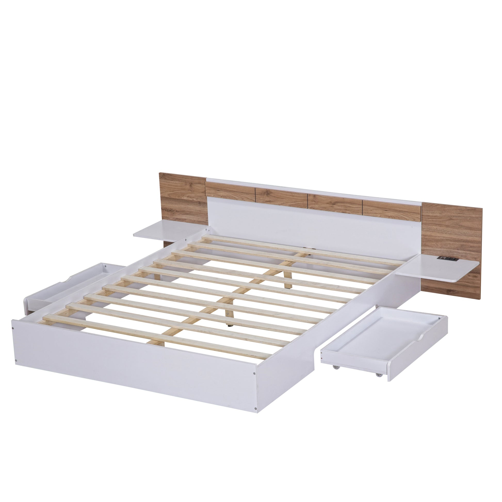 Queen Size Platform Bed With Headboard, Drawers, Shelves, Usb Ports And Sockets, White White Wood