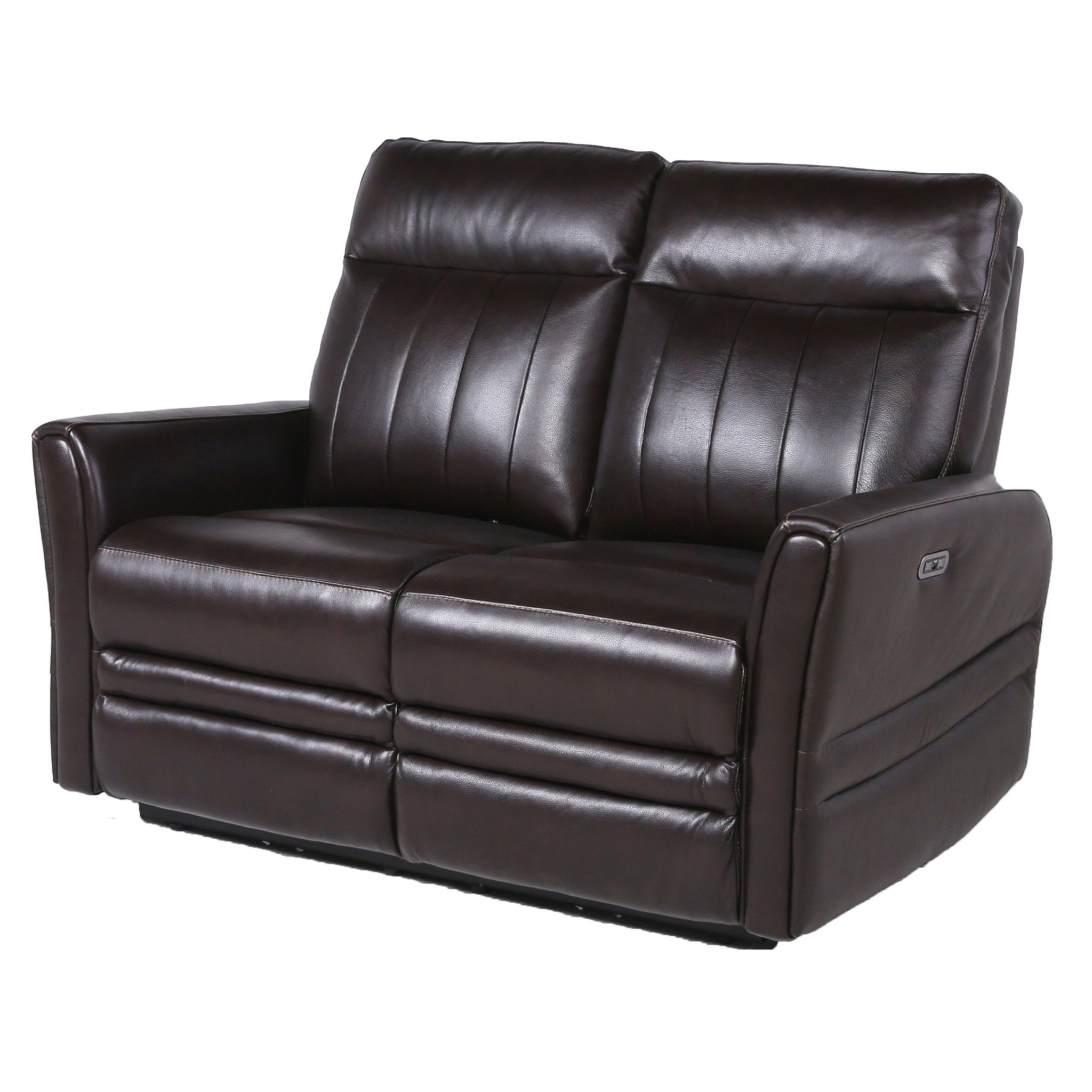 Sophisticated Motion Loveseat Top Grain Leather, Power Leg Rest, Power Articulating Headrest Vertical Channel Back, Beveled Leg Rest Brown Foam Leather