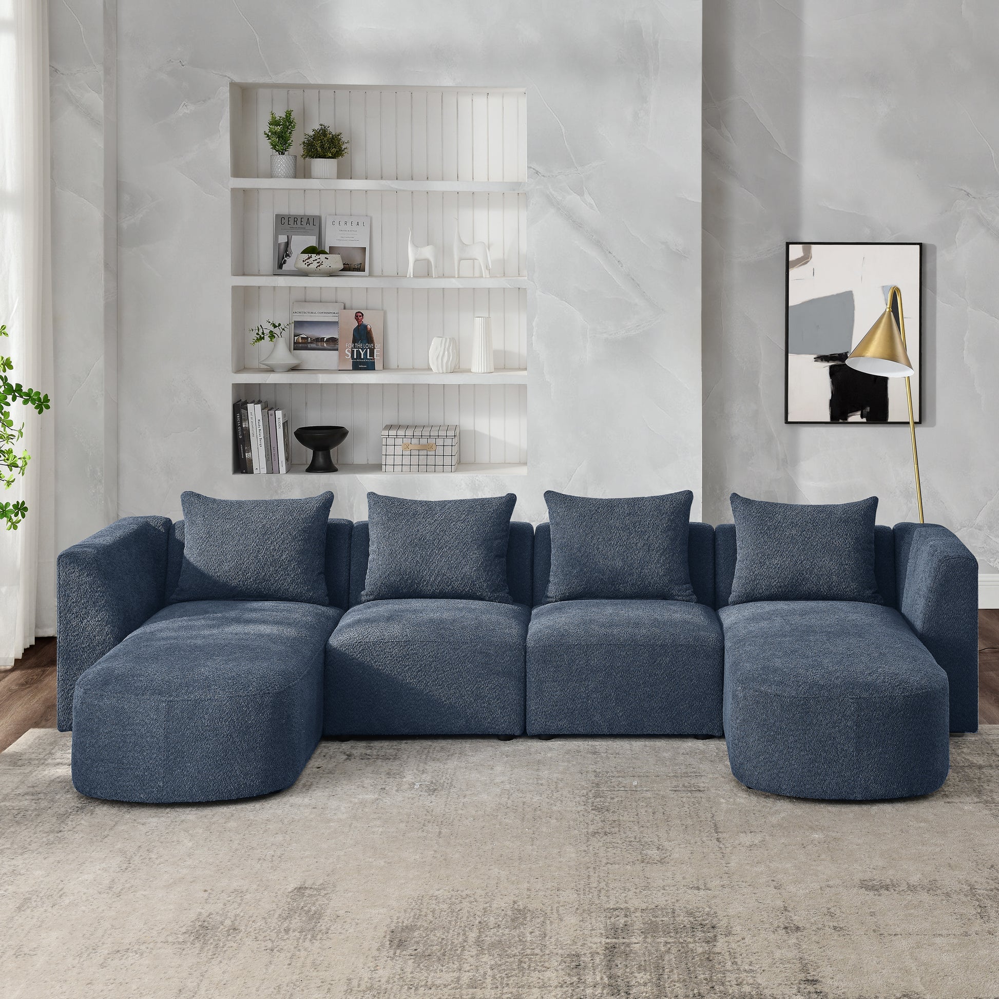 U Shape Sectional Sofa Including Two Single Seats And Two Chaises, Modular Sofa, Diy Combination, Loop Yarn Fabric, Navy Navy Wood Medium Soft Tight Back Eucalyptus Square Arms Polyester 4 Seat