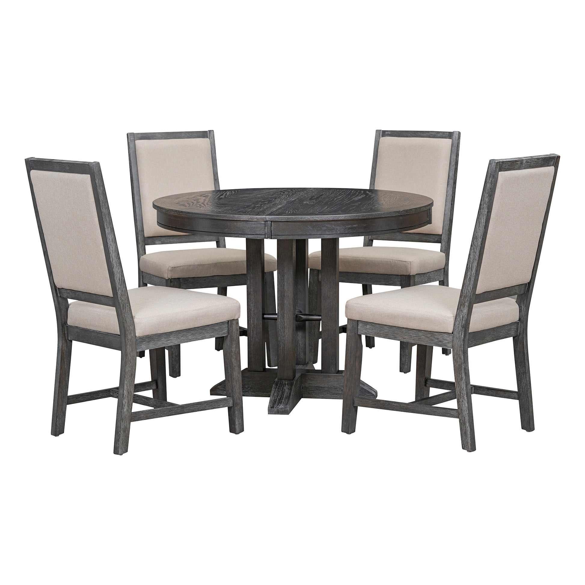 5 Piece Dining Set Extendable Round Table And 4 Upholstered Chairs Farmhouse Dining Set For Kitchen, Dining Room Black Black Solid Wood Mdf