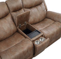 Transitional Console Loveseat Warm Camel Faux Suede, Power Footrest, Power Headrest Concealed Cupholders, Built In Console Camel Foam Fabric