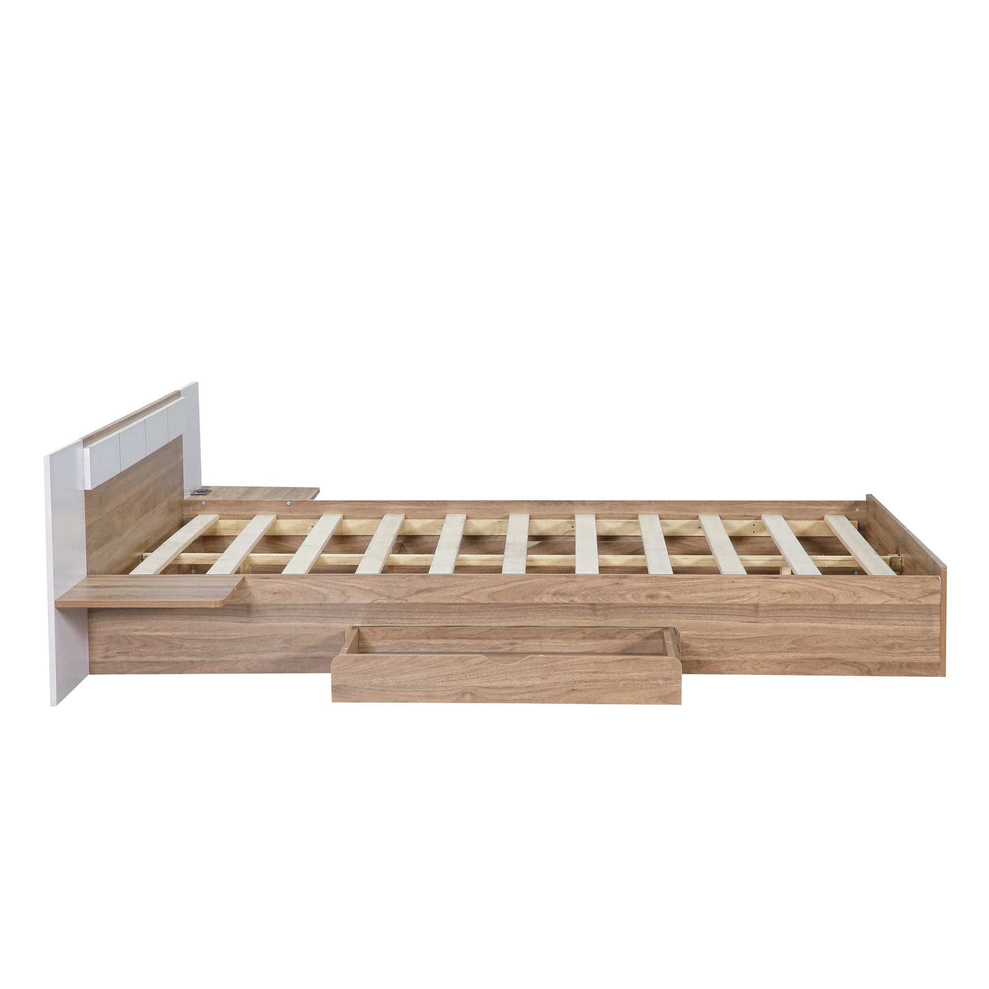 Queen Size Platform Bed With Headboard, Drawers, Shelves, Usb Ports And Sockets, Natural Natural Wood