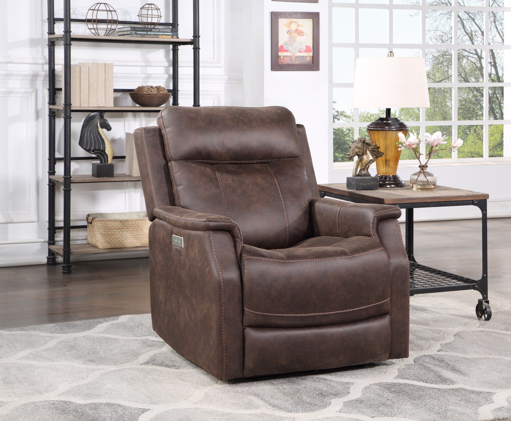 Compact Dual Power Recliner Contemporary Styling, Walnut Power Footrest, Power Headrest, Usb Charging Walnut Foam Fabric