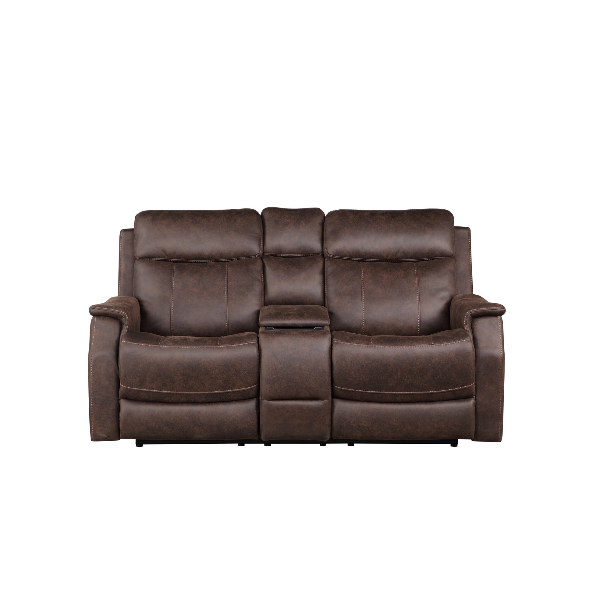 Tailored Power Console Loveseat Nubuck Likepower Headrest, Power Footrest Contemporary Silhouette, Hidden Storage, Usb Charging Brown Foam Fabric