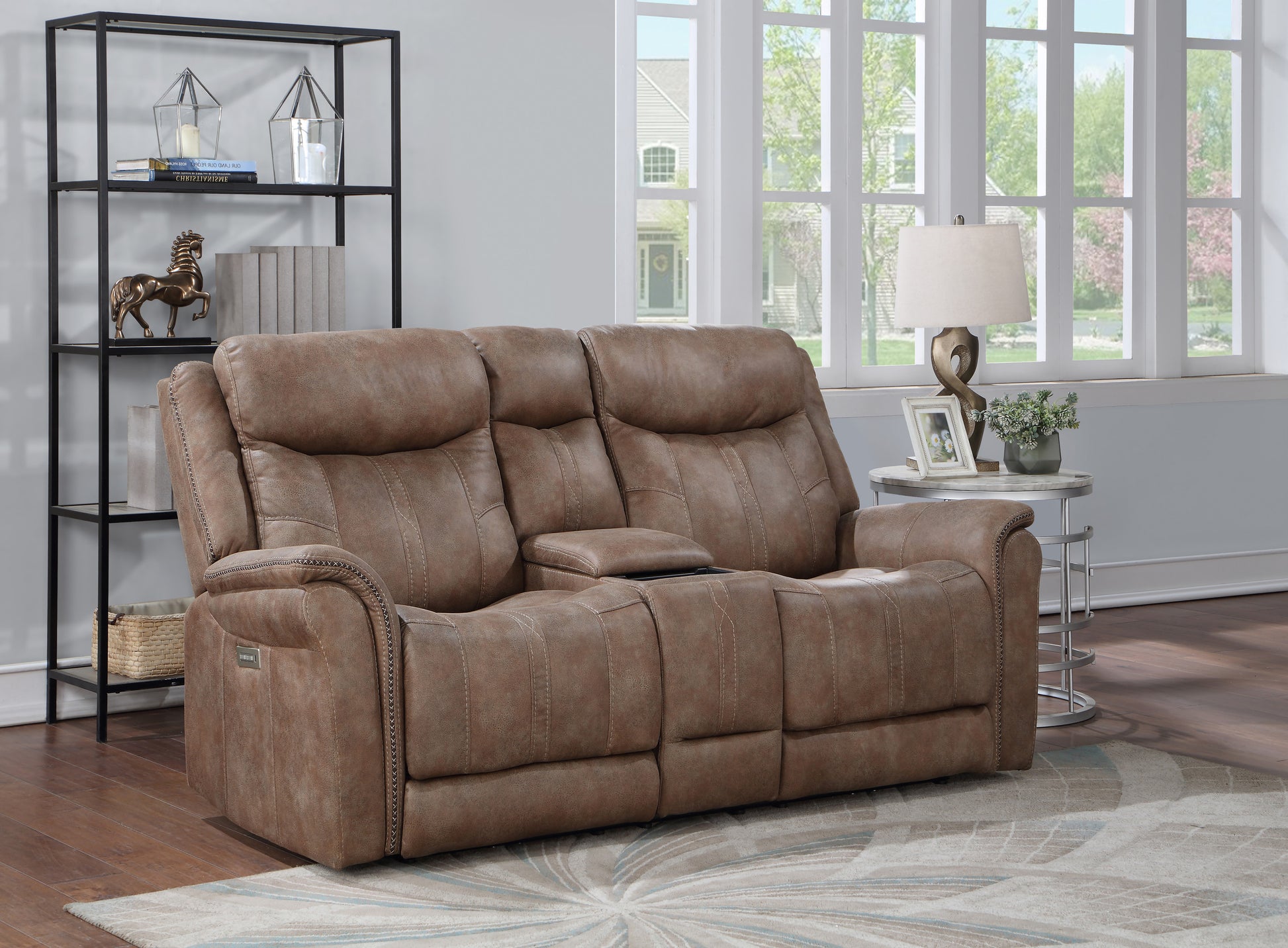 Transitional Console Loveseat Warm Camel Faux Suede, Power Footrest, Power Headrest Concealed Cupholders, Built In Console Camel Foam Fabric