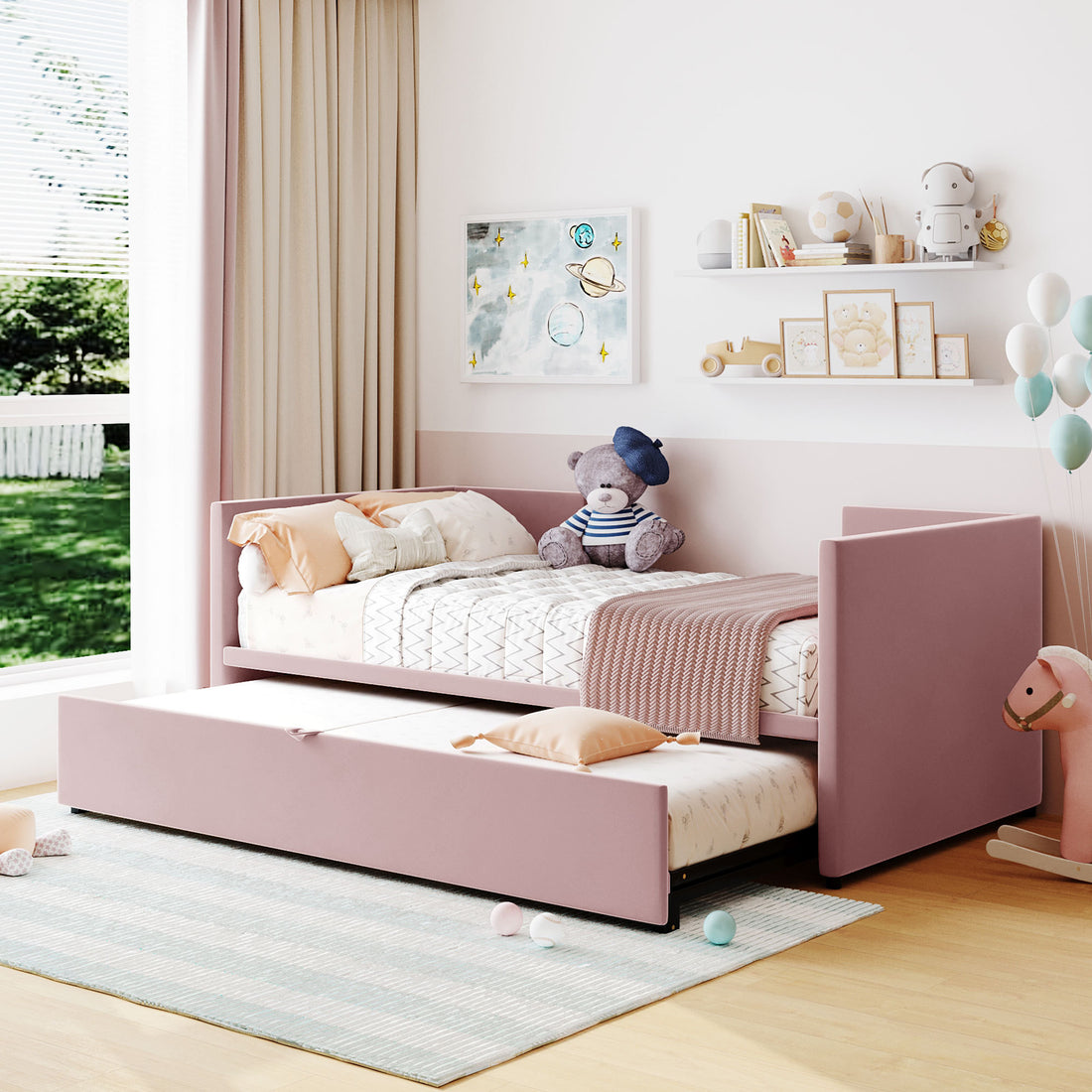 Twin Size Upholstered Daybed With Pop Up Trundle, Pink Twin Pink Upholstered