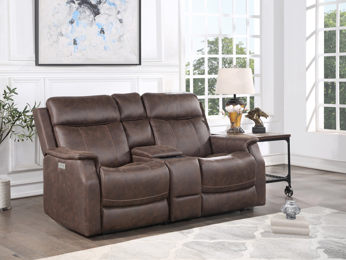 Tailored Power Console Loveseat Nubuck Likepower Headrest, Power Footrest Contemporary Silhouette, Hidden Storage, Usb Charging Brown Foam Fabric