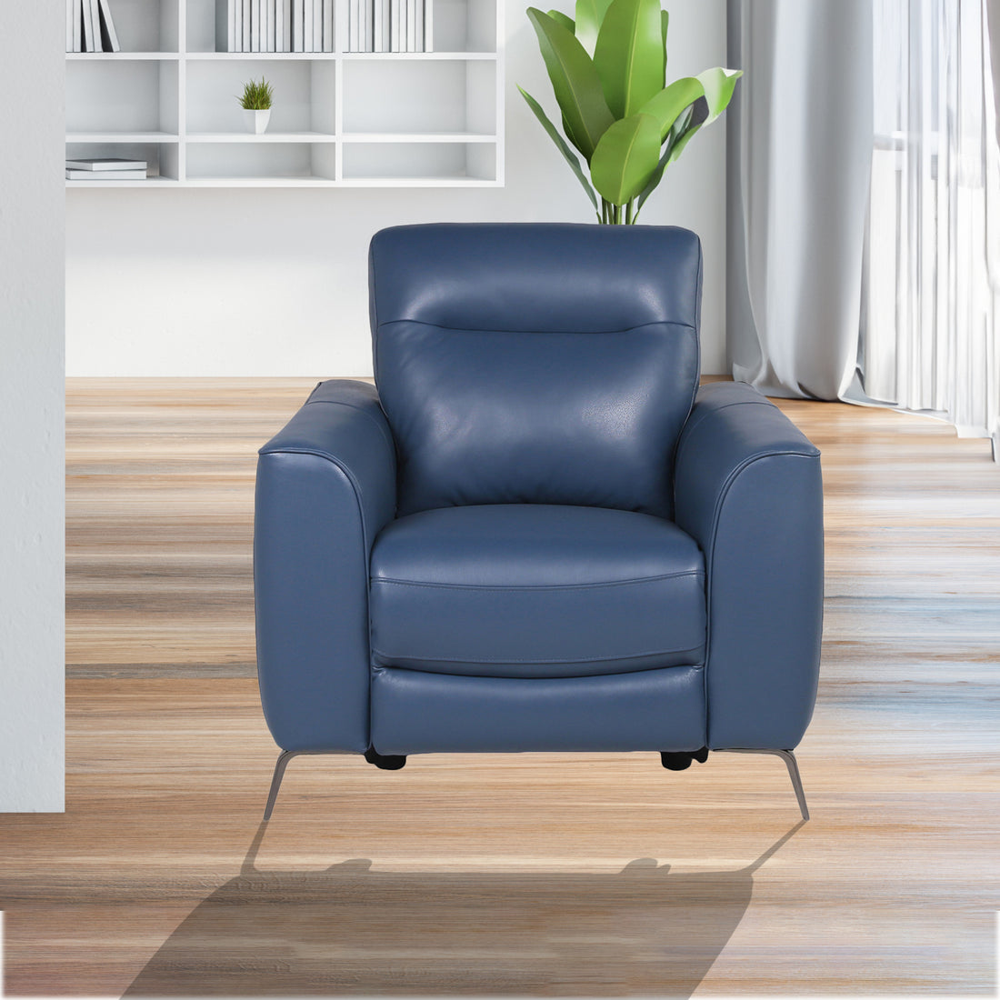 Fashionable Ocean Blue Leather Reclining Chair Dual Power Mechanism, High Leg Style Stylish Comfort Package Dark Blue Foam Leather