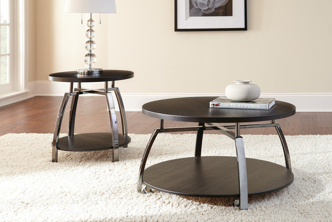 Elegant Table Collection Soft Round Shapes, Silvershield Laminate Tops Black Nickel Base, Aggressive Profile Cocktail Table With Casters" Black Solid Wood Mdf