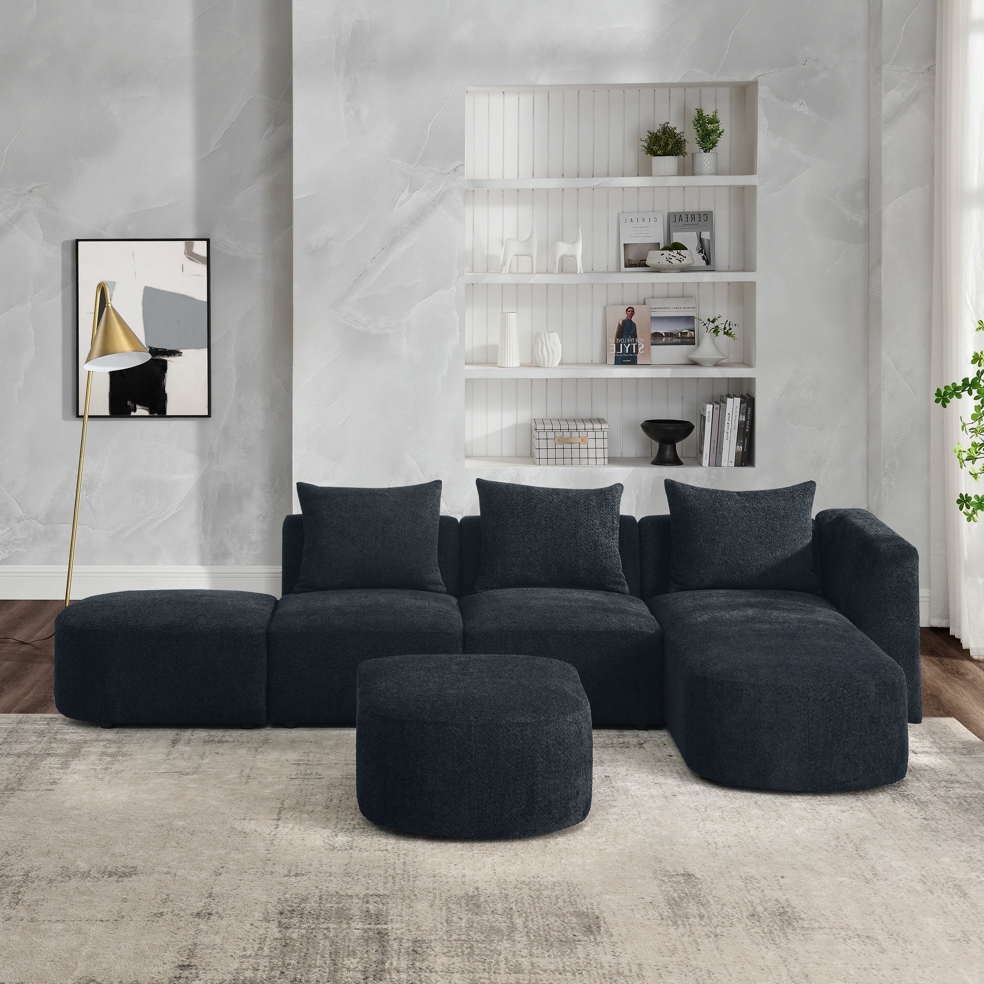 L Shape Sectional Sofa With Right Side Chaise And Ottoman, Modular Sofa, Diy Combination, Loop Yarn Fabric, Black Black Polyester Wood Tight Back Eucalyptus Square Arms Polyester 5 Seat