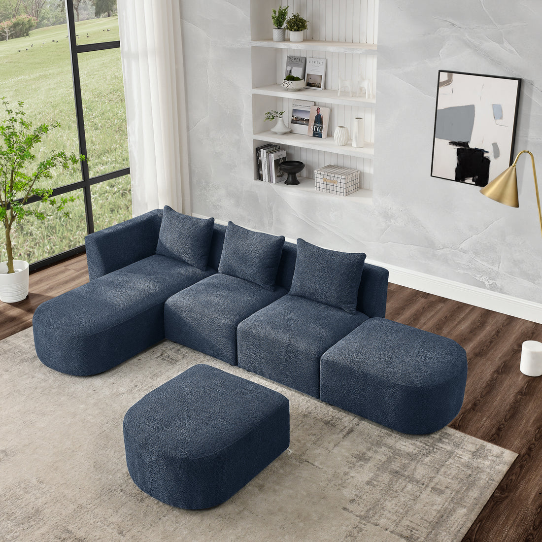L Shape Sectional Sofa Including Two Single Seats, Left Side Chaise And Two Ottomans, Modular Sofa, Diy Combination, Loop Yarn Fabric, Navy Navy Polyester Wood Medium Soft Tight Back Eucalyptus Square Arms Polyester 5 Seat