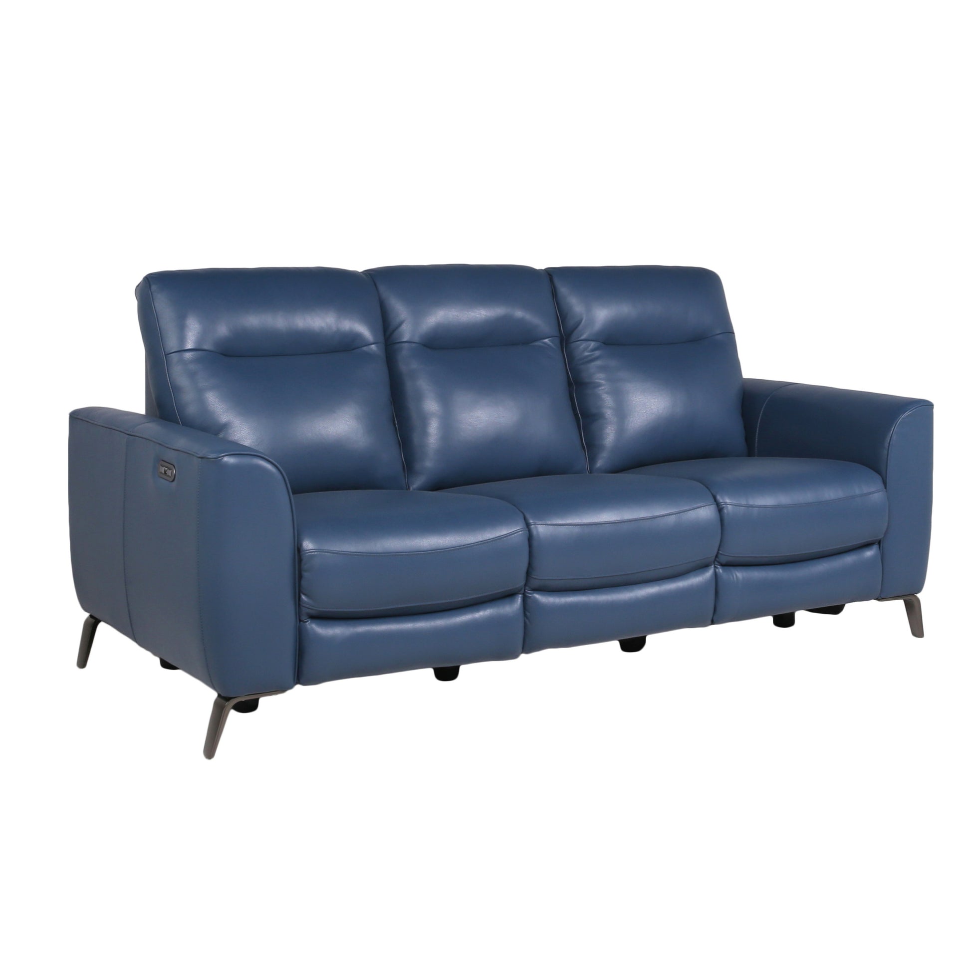 Leather Reclining Sofa Motion Furniture Look Without Compromise Dual Power, Ocean Blue Top Grain Leather Dark Blue Foam Leather 3 Seat